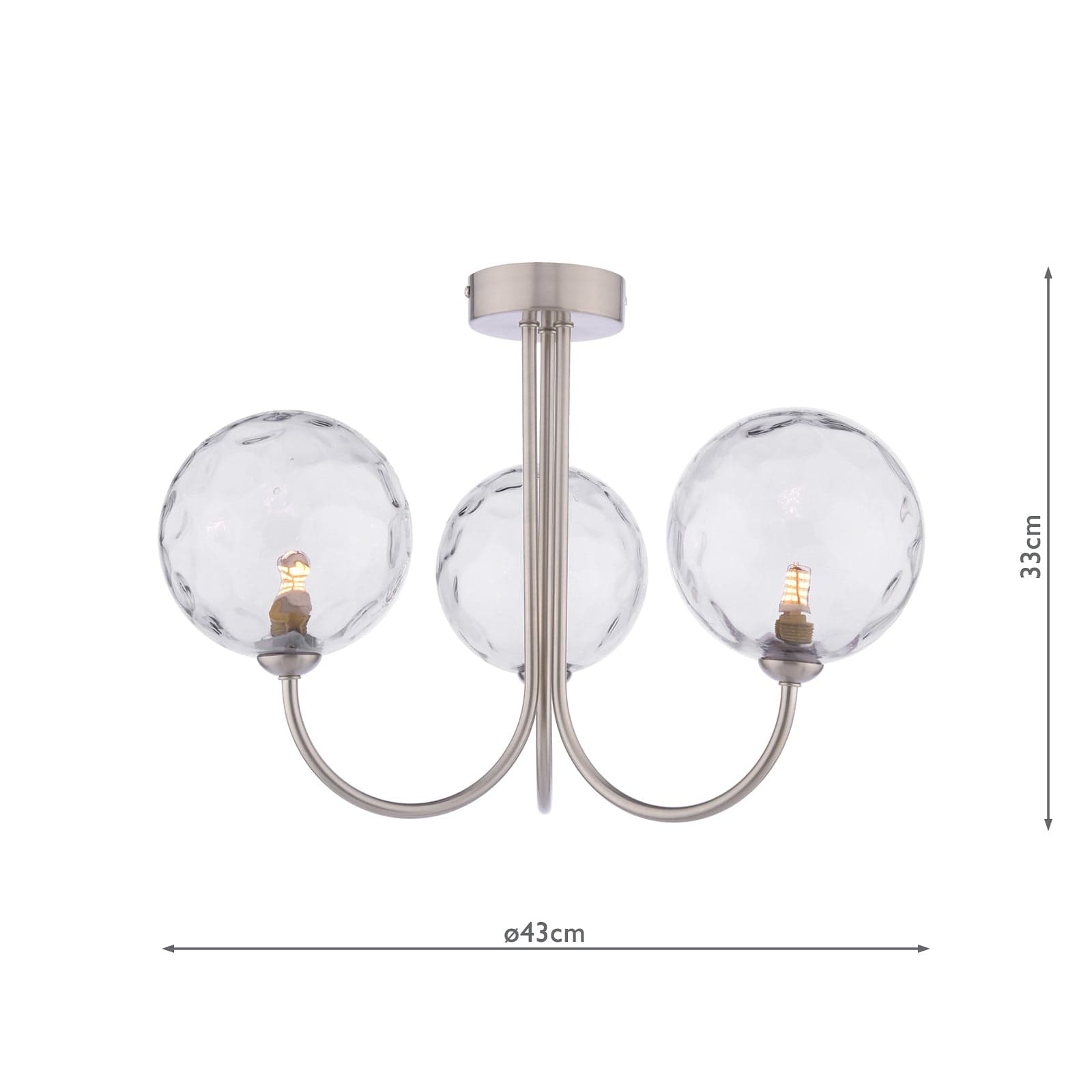 dar lighting Jared 3 Light Semi-Flush Satin Nickel & Dimpled Clear Glass JAR0338-12