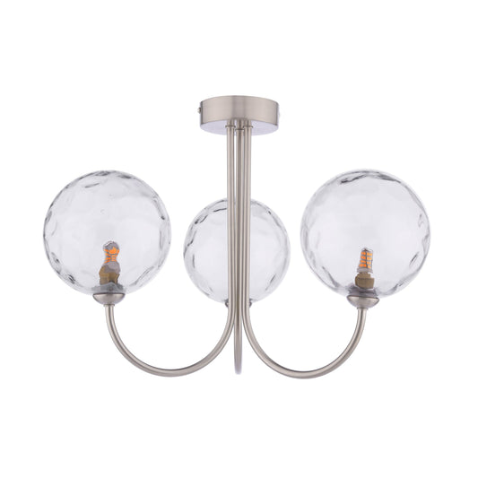 dar lighting Jared 3 Light Semi-Flush Satin Nickel & Dimpled Clear Glass JAR0338-12