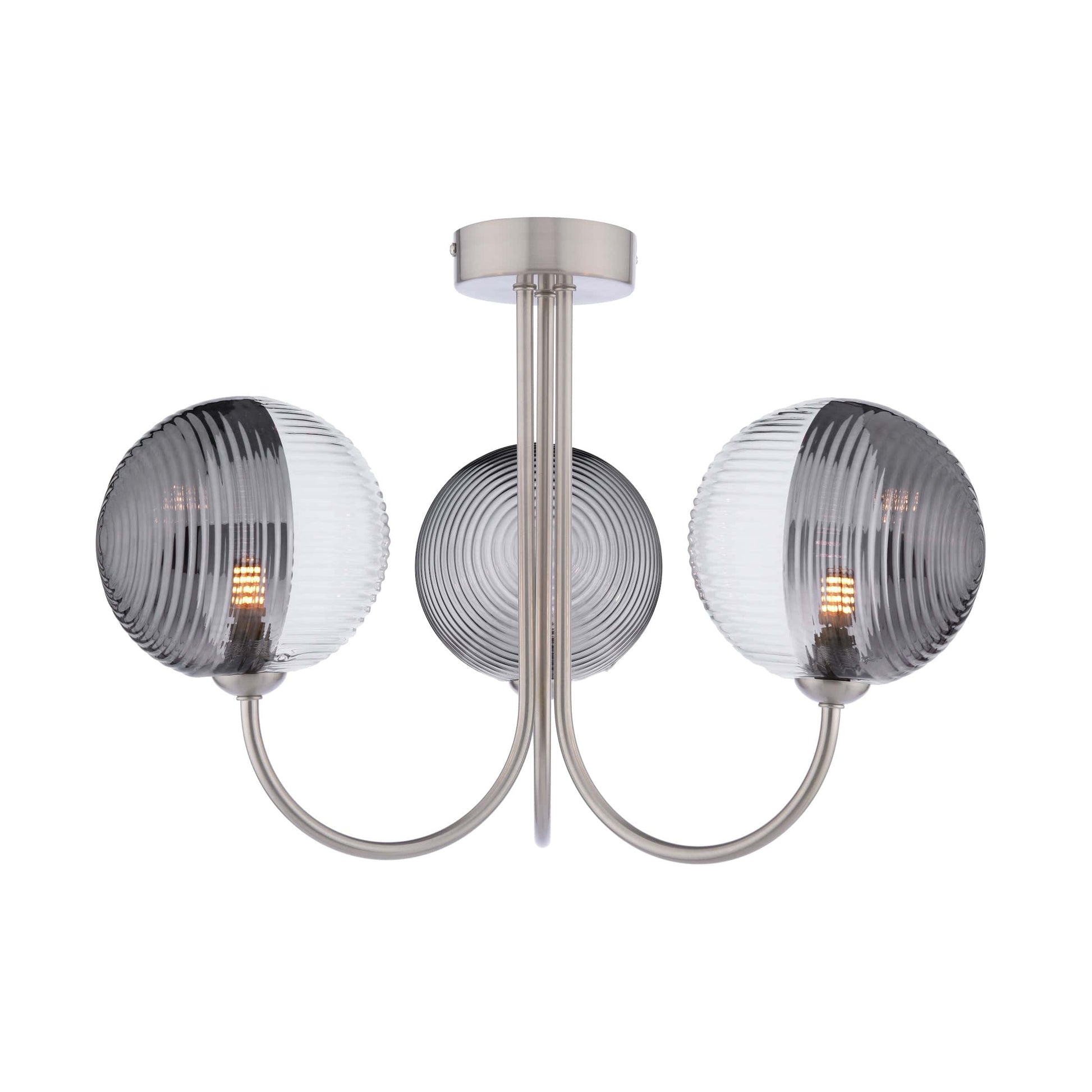 dar lighting Jared 3 Light Semi-Flush Satin Nickel & Smoked/Clear Ribbed Glass JAR0338-19