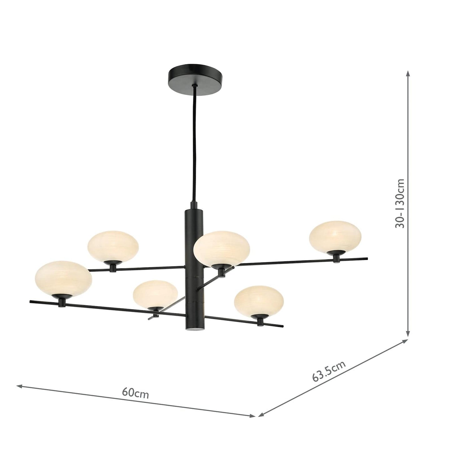 dar lighting Jasper 6 Light Pendant Matt Black Opal Glass JAS0622