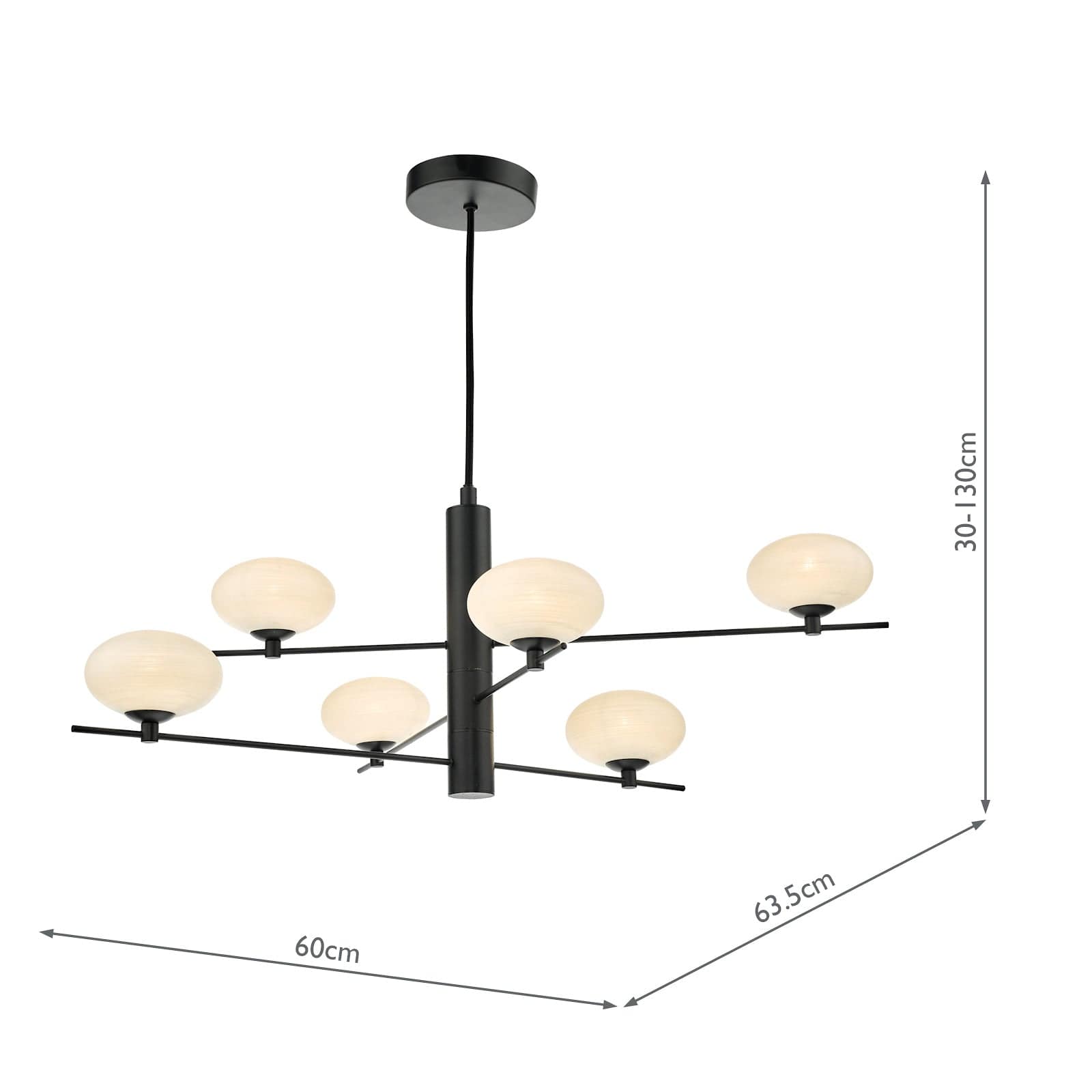 dar lighting Jasper 6 Light Pendant Matt Black Opal Glass JAS0622