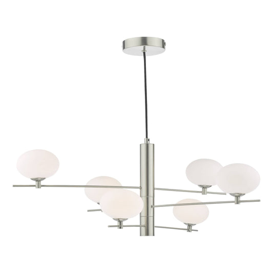 dar lighting Jasper 6 Light Pendant Satin Nickel and Opal Glass JAS0646