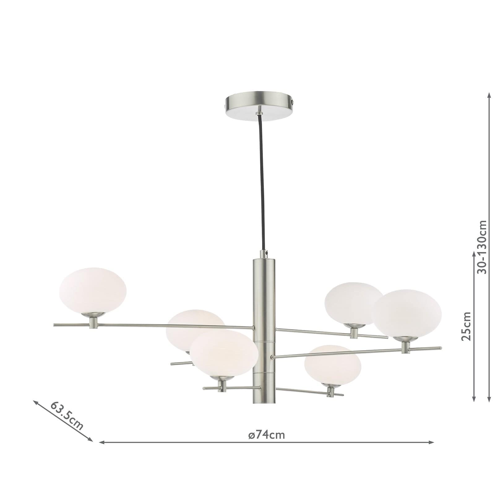dar lighting Jasper 6 Light Pendant Satin Nickel and Opal Glass JAS0646