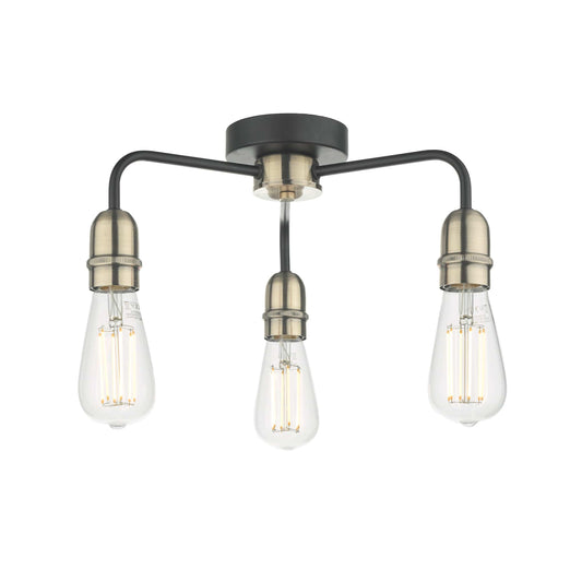 dar lighting Kiefer 3 Light Flush Black & Antique Brass KIE5322