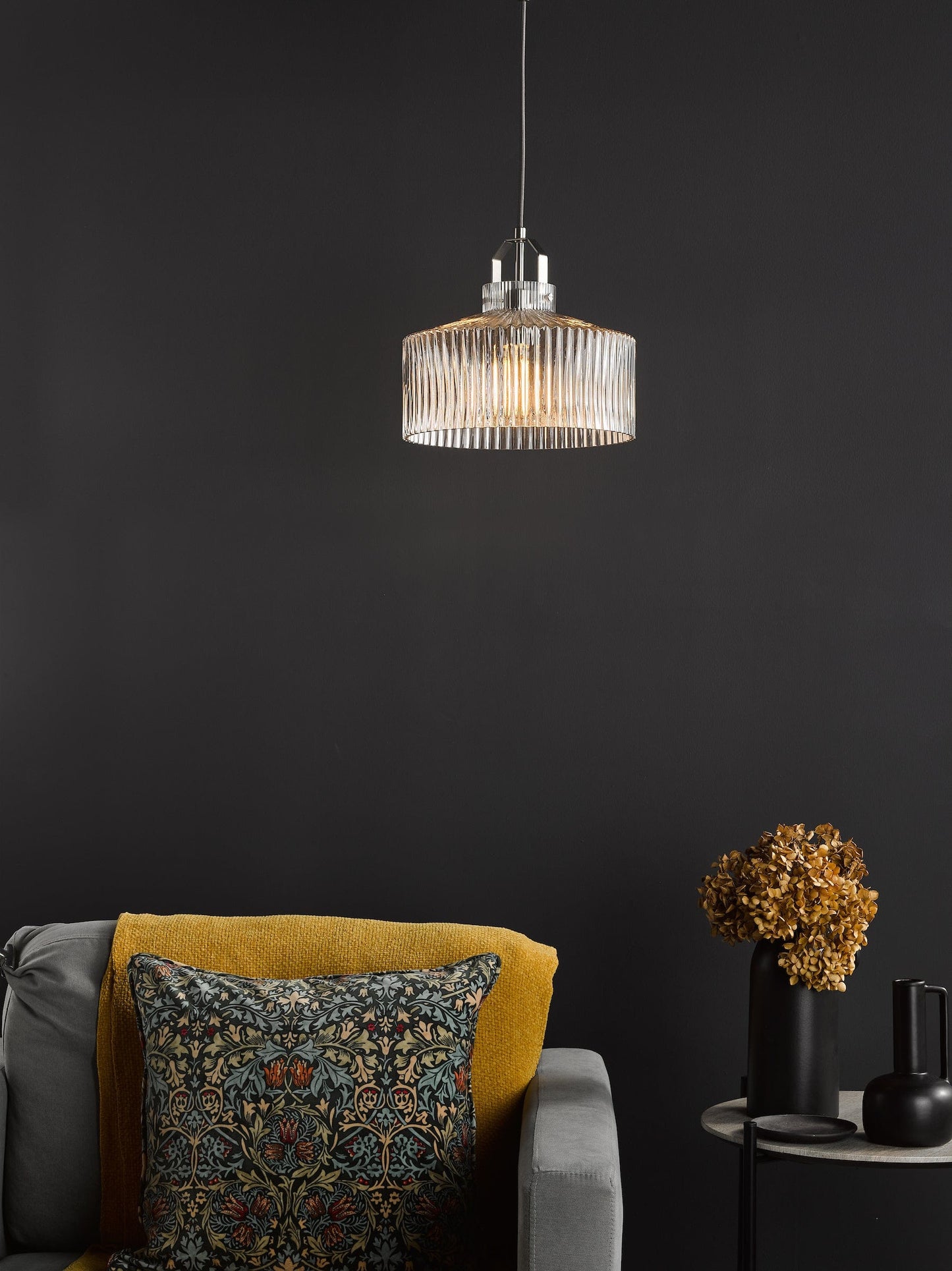 dar lighting Lenka Pendant Satin Nickel and Ribbed Glass LEN0146
