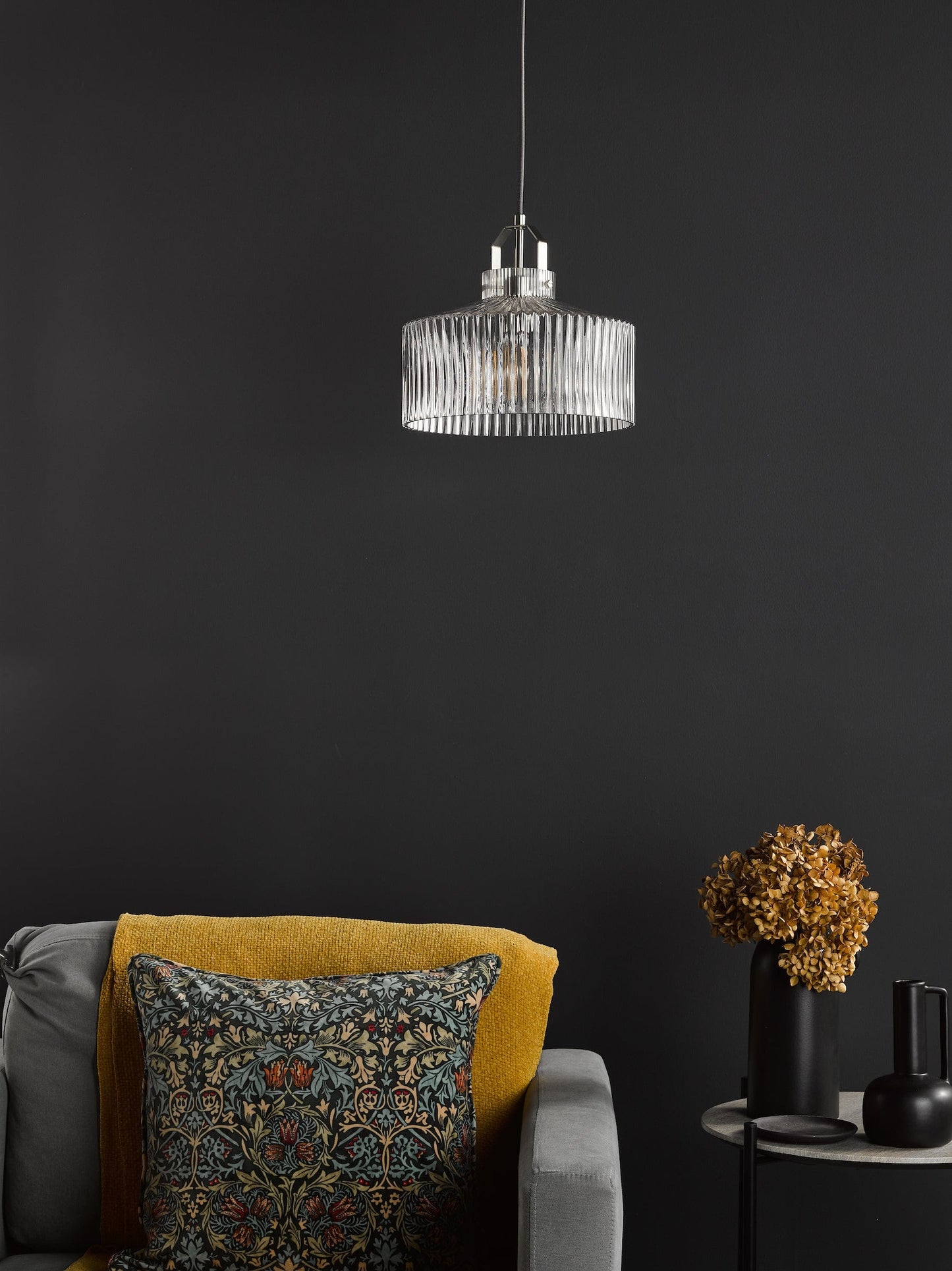 dar lighting Lenka Pendant Satin Nickel and Ribbed Glass LEN0146