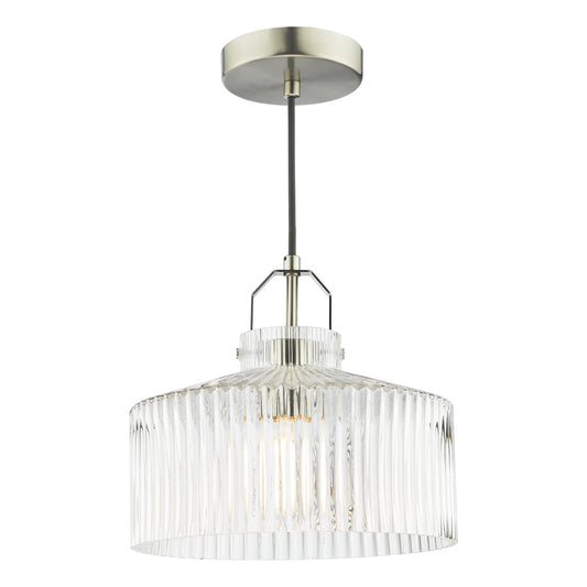 dar lighting Lenka Pendant Satin Nickel and Ribbed Glass LEN0146