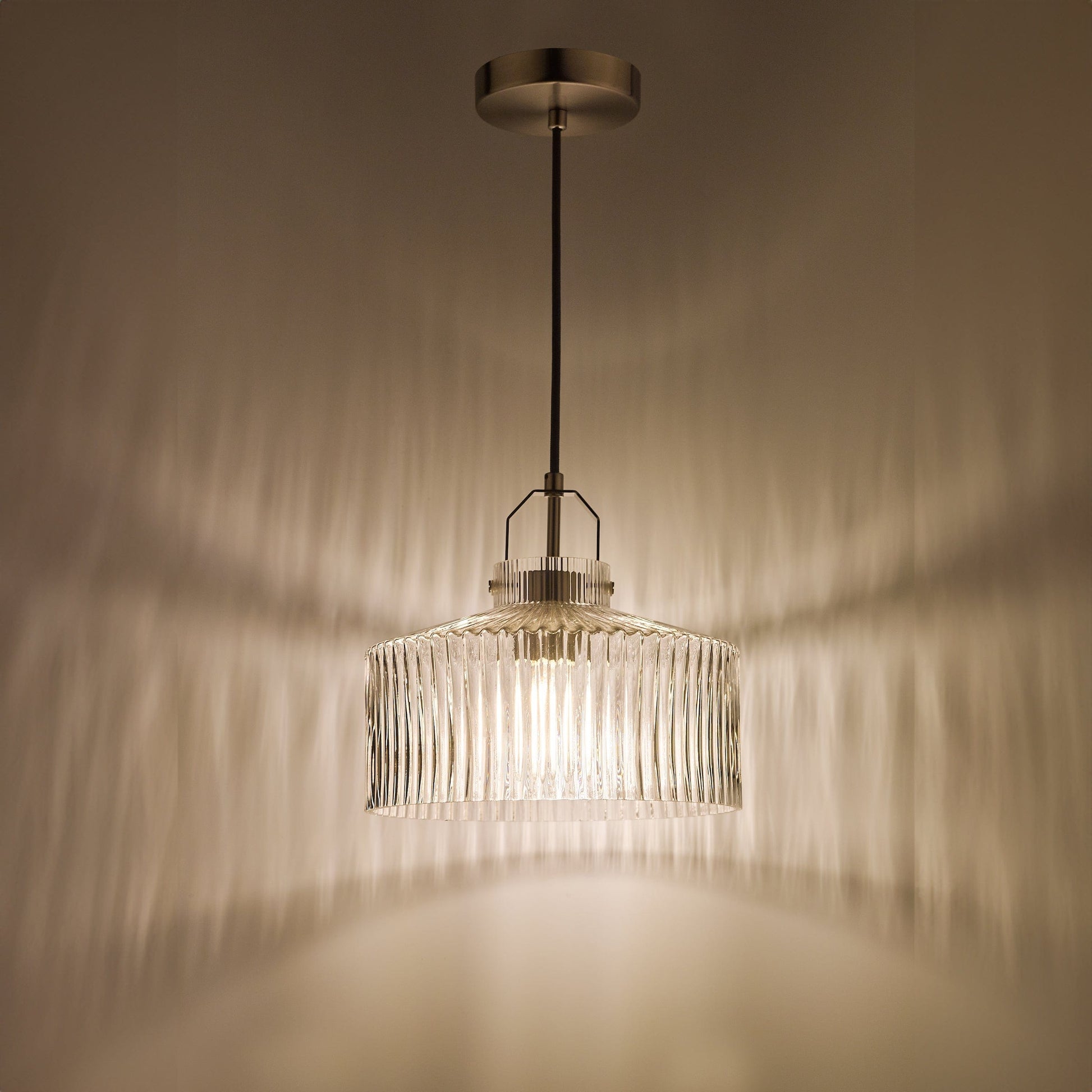dar lighting Lenka Pendant Satin Nickel and Ribbed Glass LEN0146