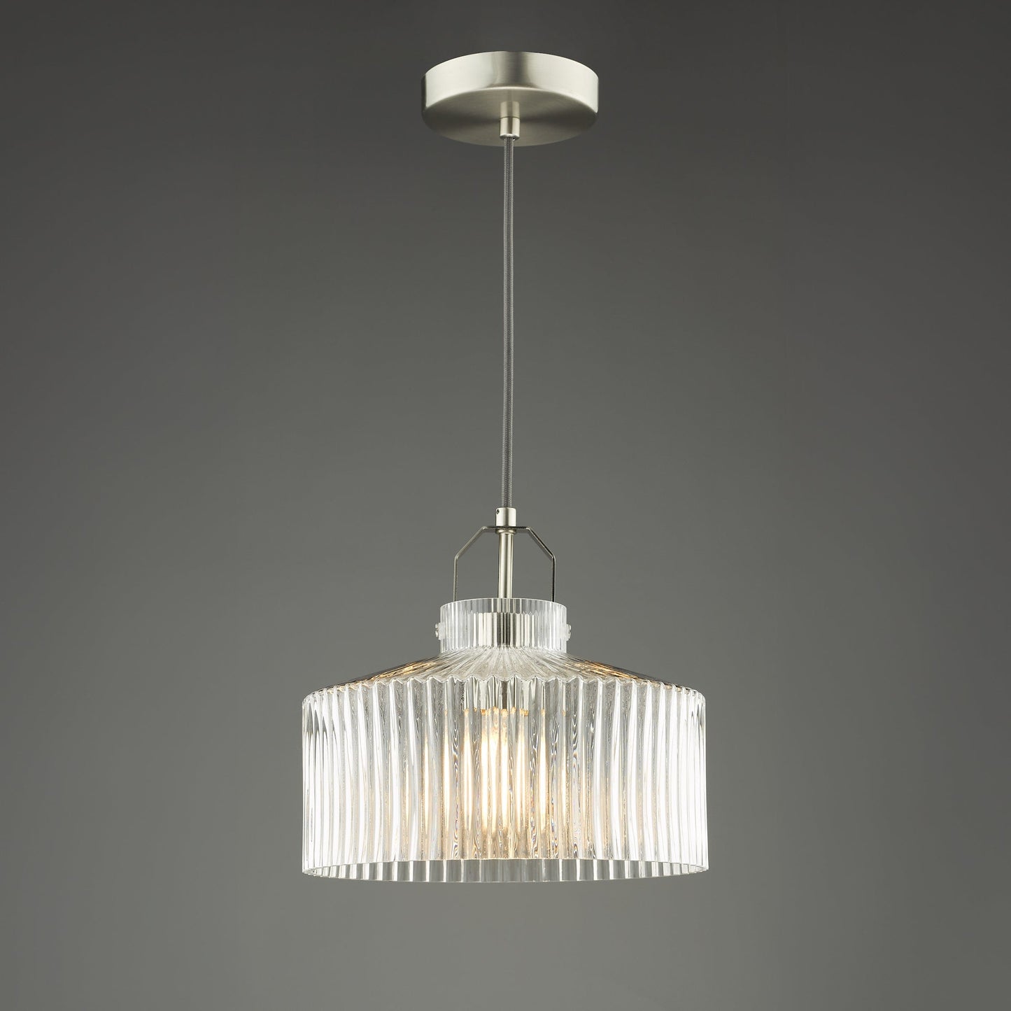 dar lighting Lenka Pendant Satin Nickel and Ribbed Glass LEN0146