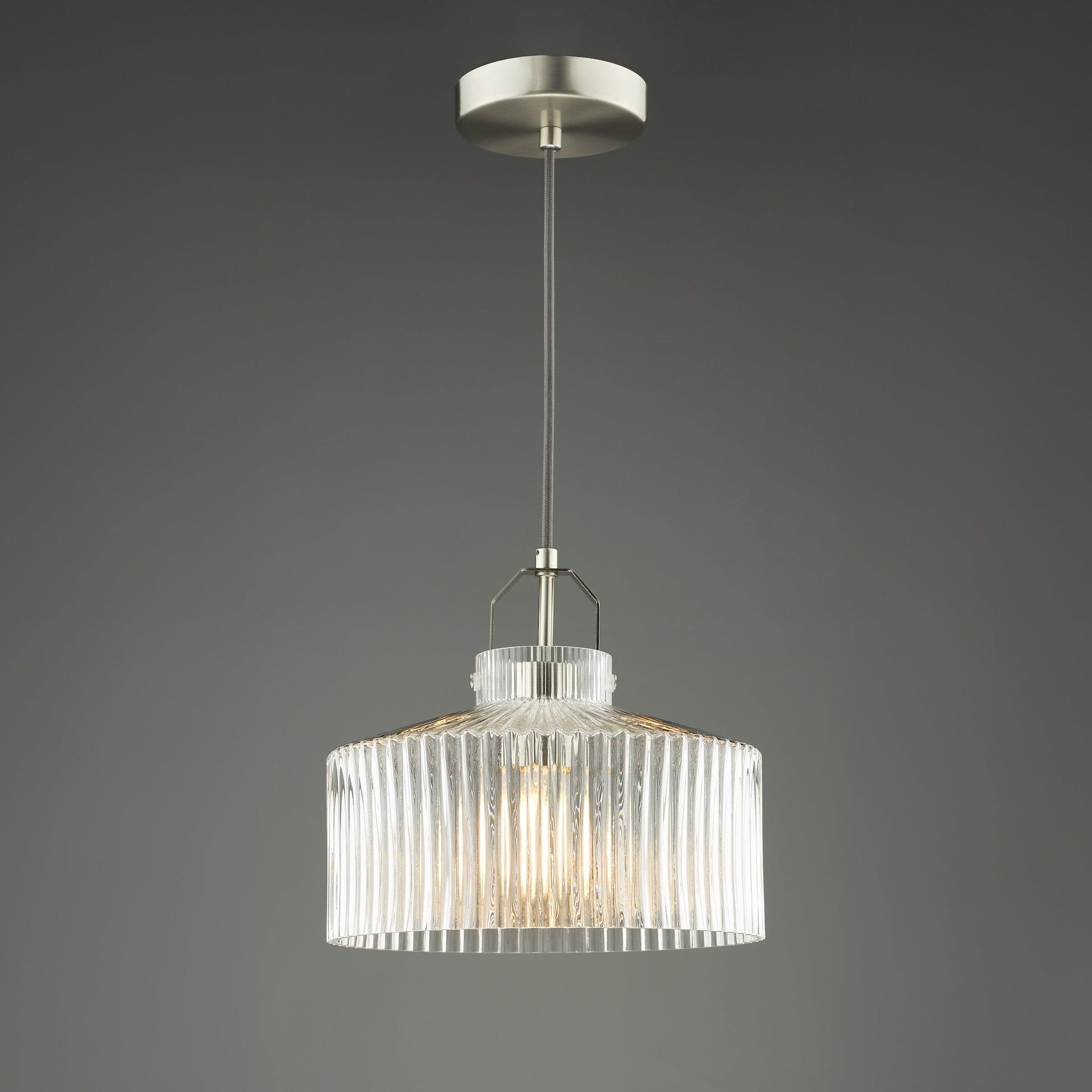 dar lighting Lenka Pendant Satin Nickel and Ribbed Glass LEN0146