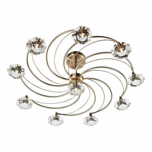 dar lighting Luther 10 Light Semi Flush Antique Brass Crystal LUT2375