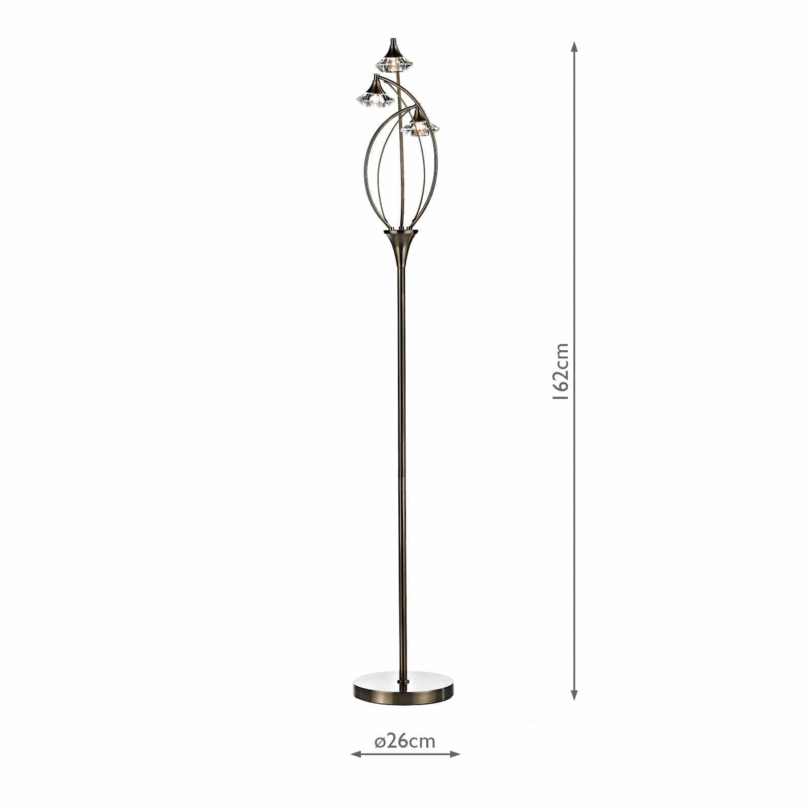 dar lighting Luther 3 Light Floor Lamp Antique Brass Crystal LUT4975