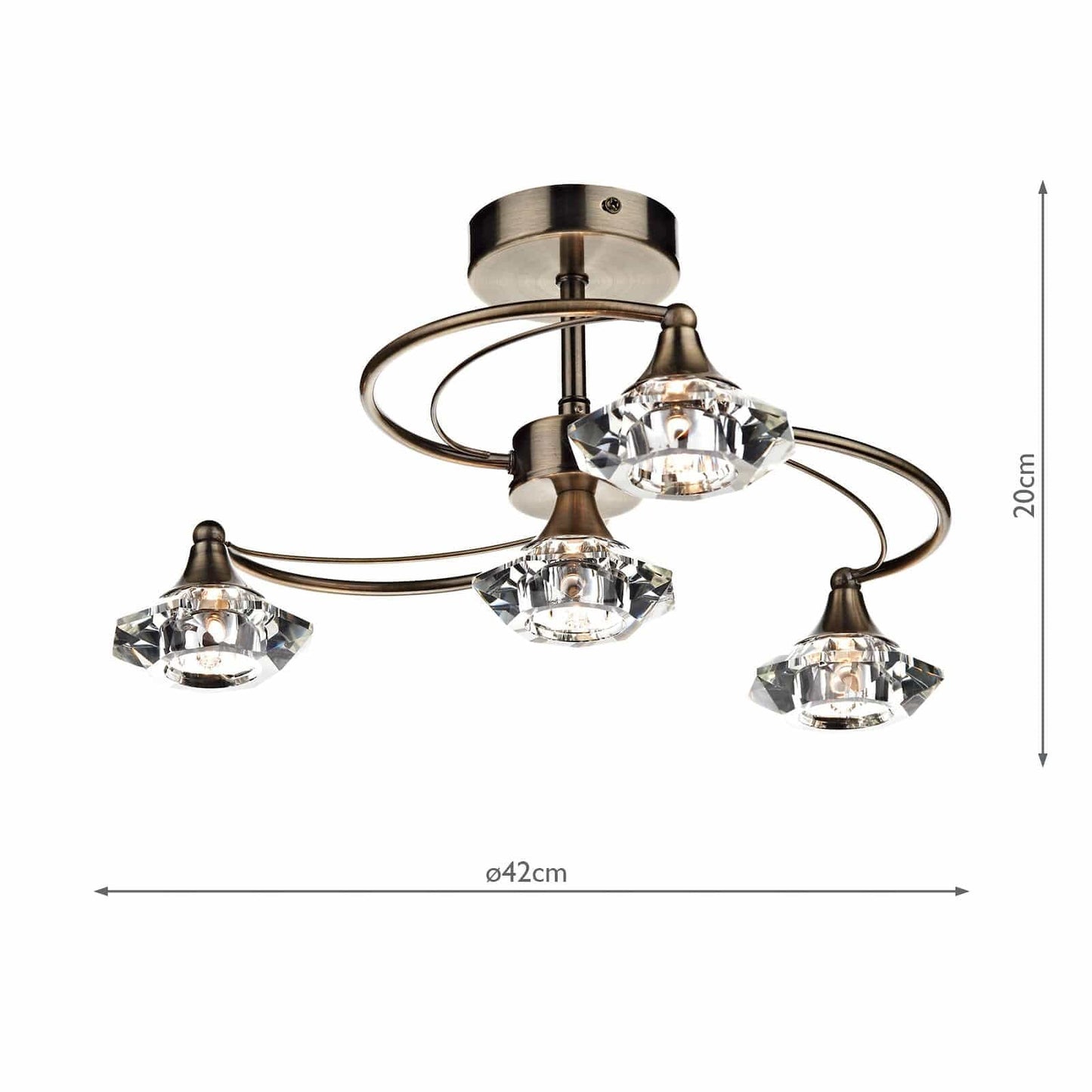 dar lighting Luther 4 Light Semi Flush Antique Brass Crystal LUT0475