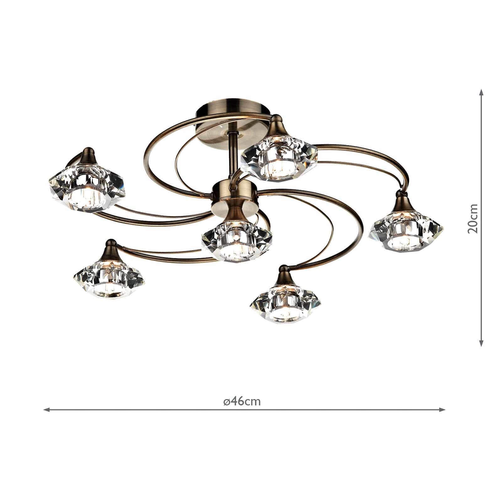 dar lighting Luther 6 Light Semi Flush Antique Brass Crystal LUT0675