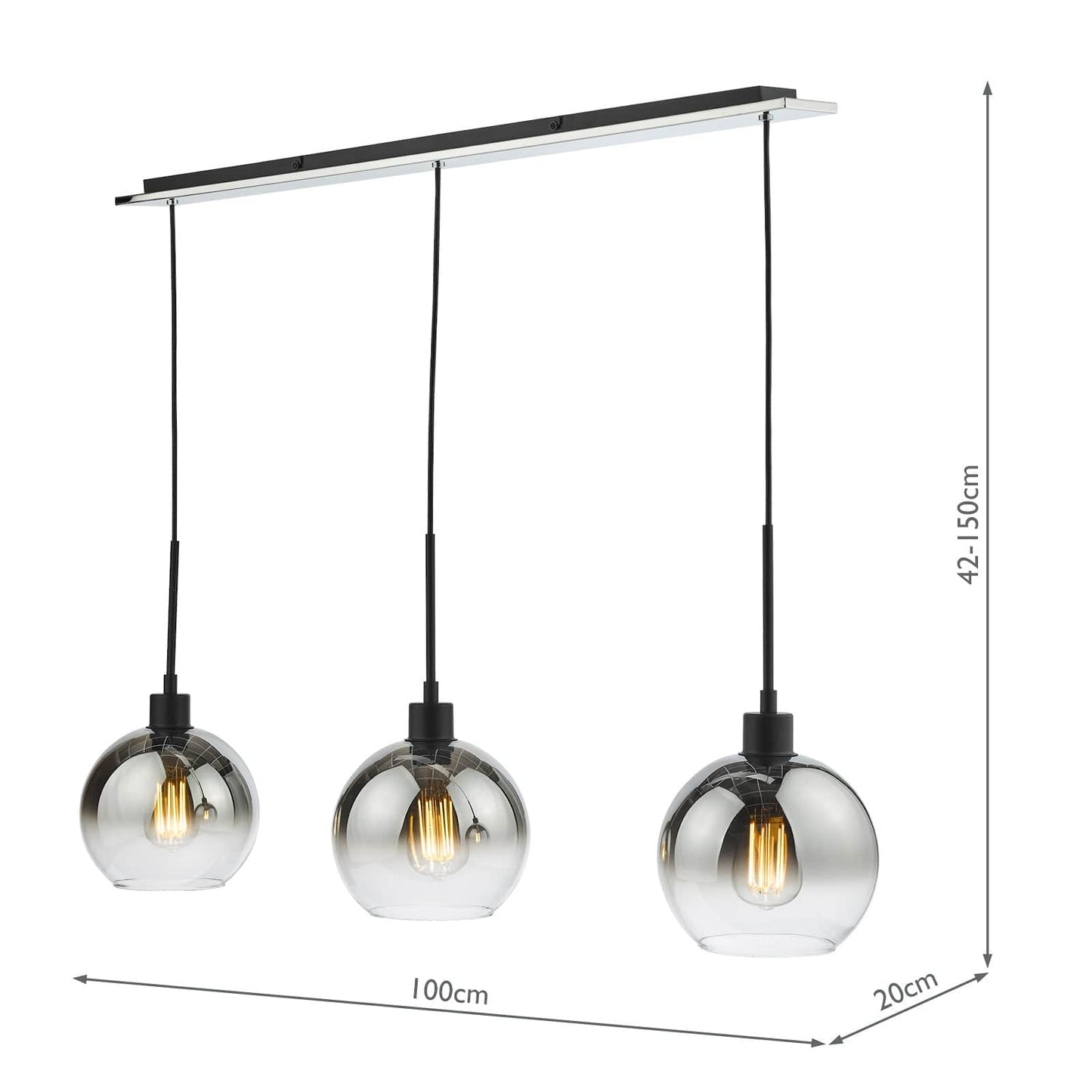 dar lighting Lycia 3 Light Bar Pendant Matt Black Ombre Smoked Glass LYC0322