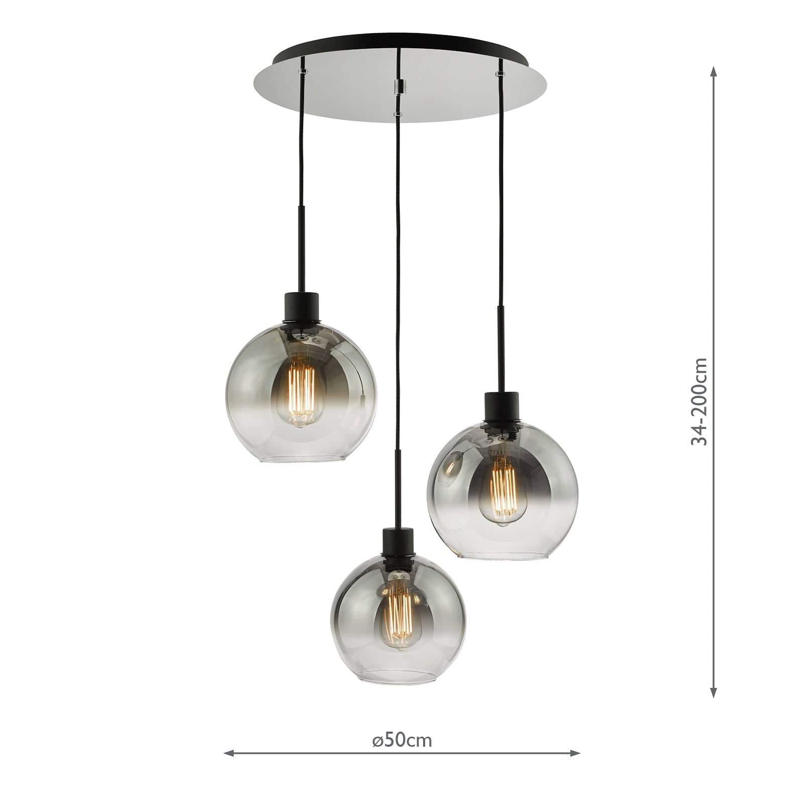 dar lighting Lycia 3 Light Cluster Pendant Matt Black Smoked Ombre Glass LYC8822