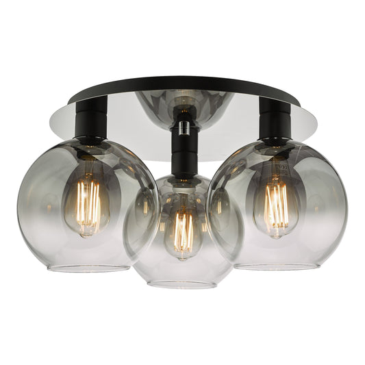 dar lighting Lycia 3 Light Flush Matt Black Smoked Ombre Glass LYC5322