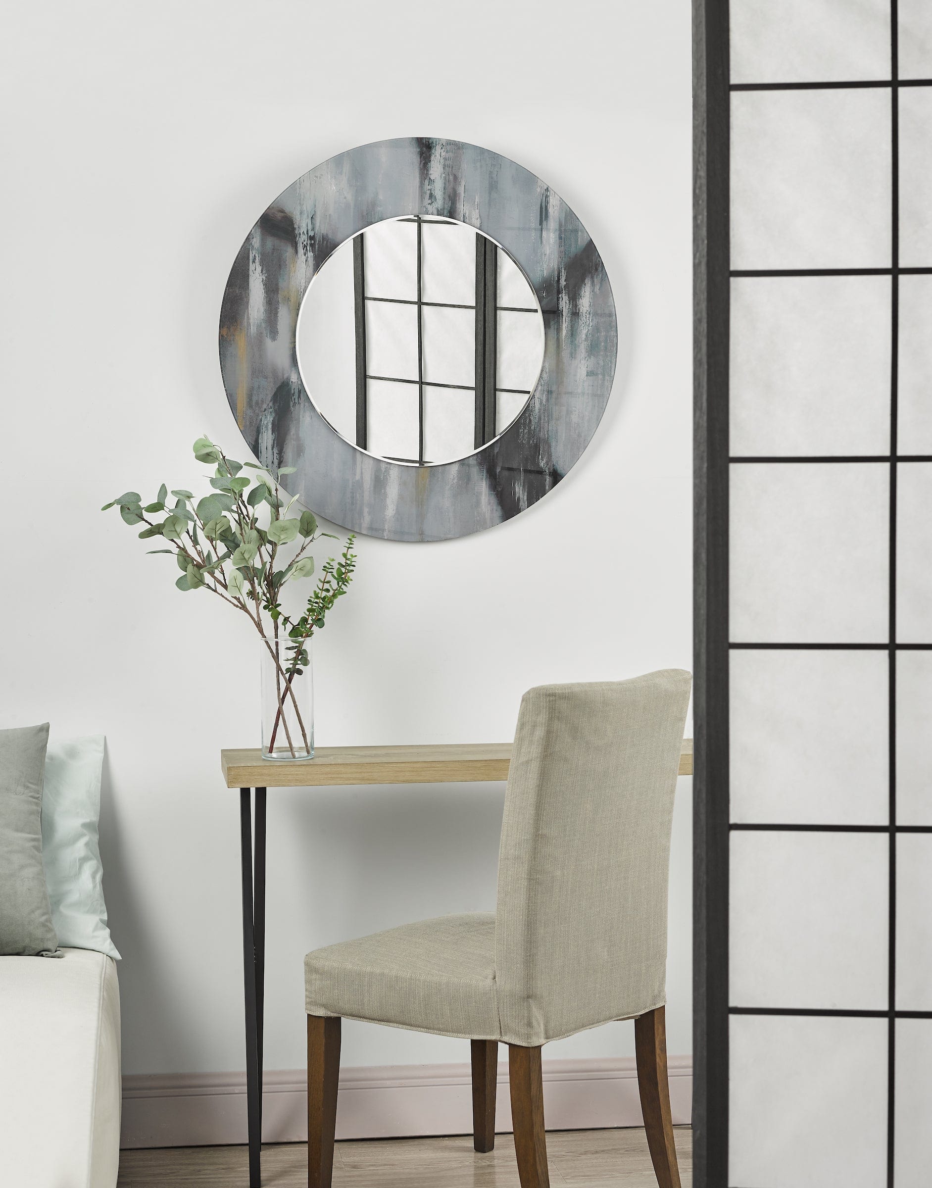 dar lighting Mehera Round Mirror Grey Marble Print 80cm 002MEH80