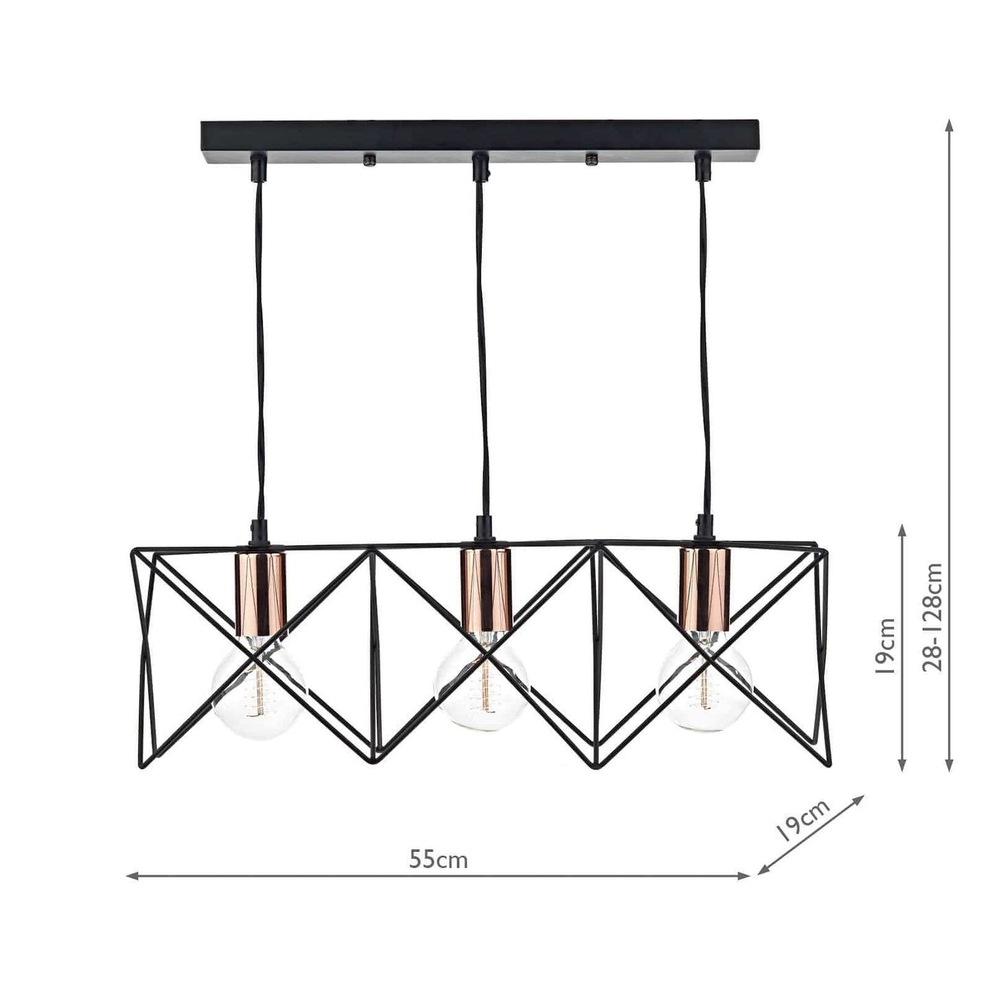 dar lighting Midi 3 Light Bar Pendant Black & Bright Copper Detail MID0322