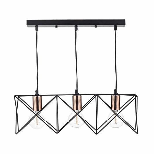 dar lighting Midi 3 Light Bar Pendant Black & Bright Copper Detail MID0322