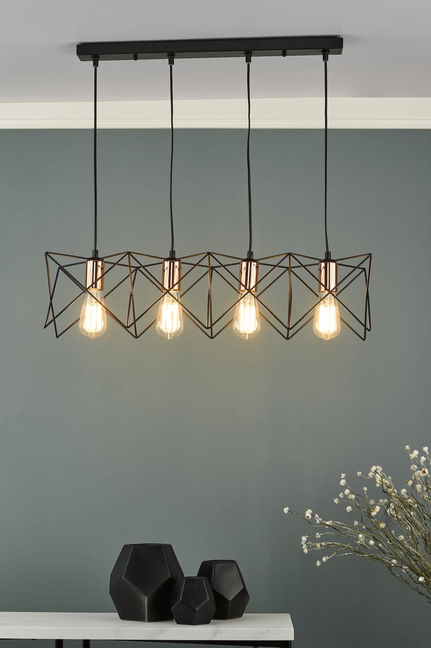 dar lighting Midi 4 Light Bar Pendant Black & Copper Detail MID0422