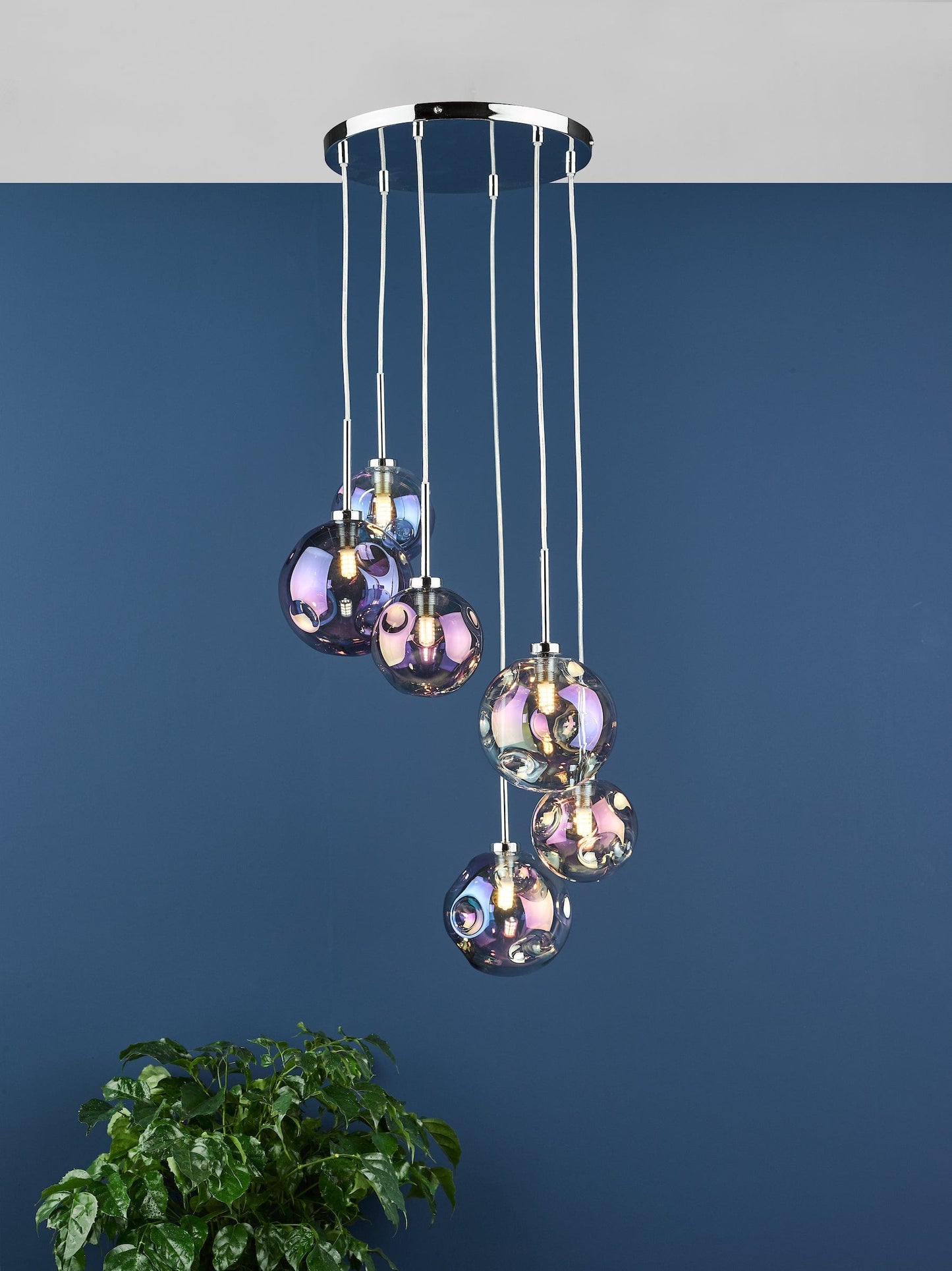 dar lighting Mira 6 Light Cluster Pendant Polished Chrome Iridised Glass MIR0655