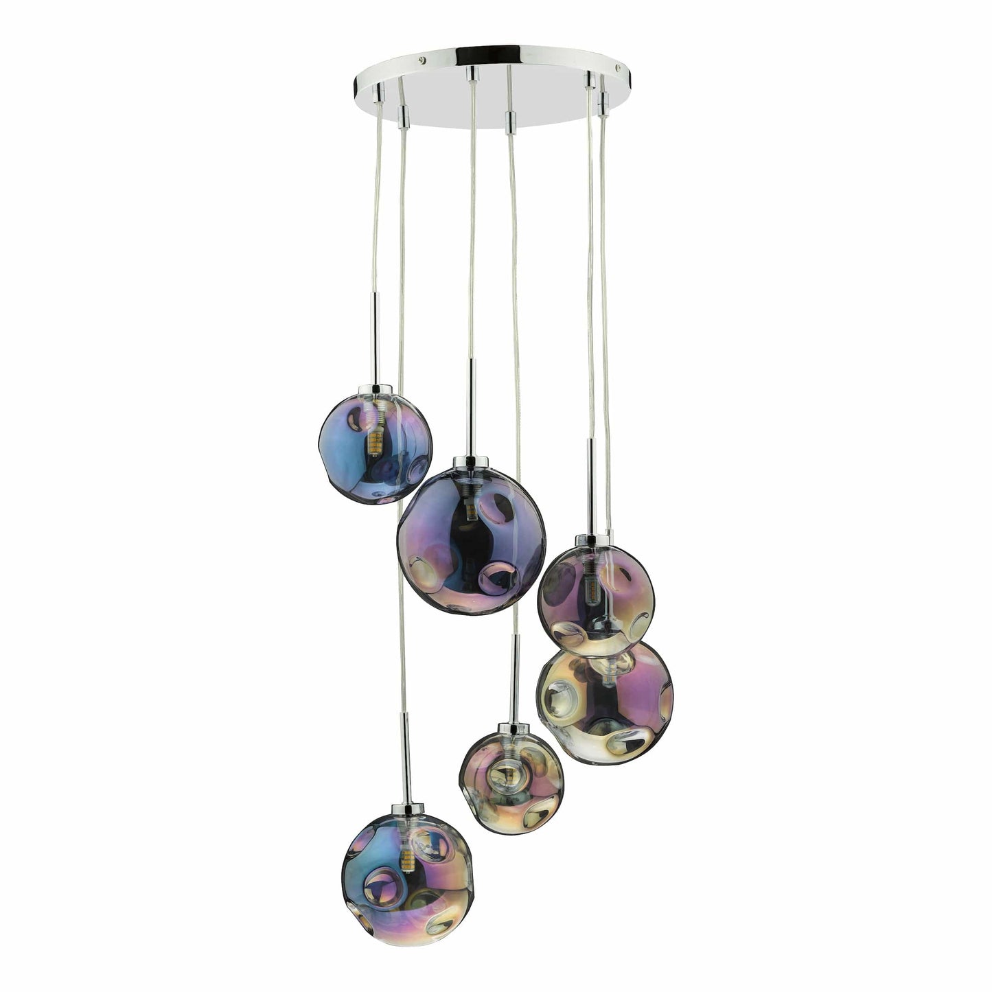 dar lighting Mira 6 Light Cluster Pendant Polished Chrome Iridised Glass MIR0655