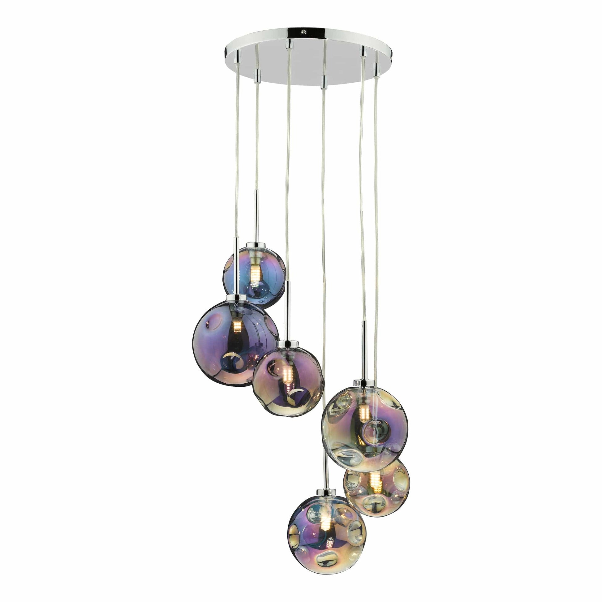 dar lighting Mira 6 Light Cluster Pendant Polished Chrome Iridised Glass MIR0655