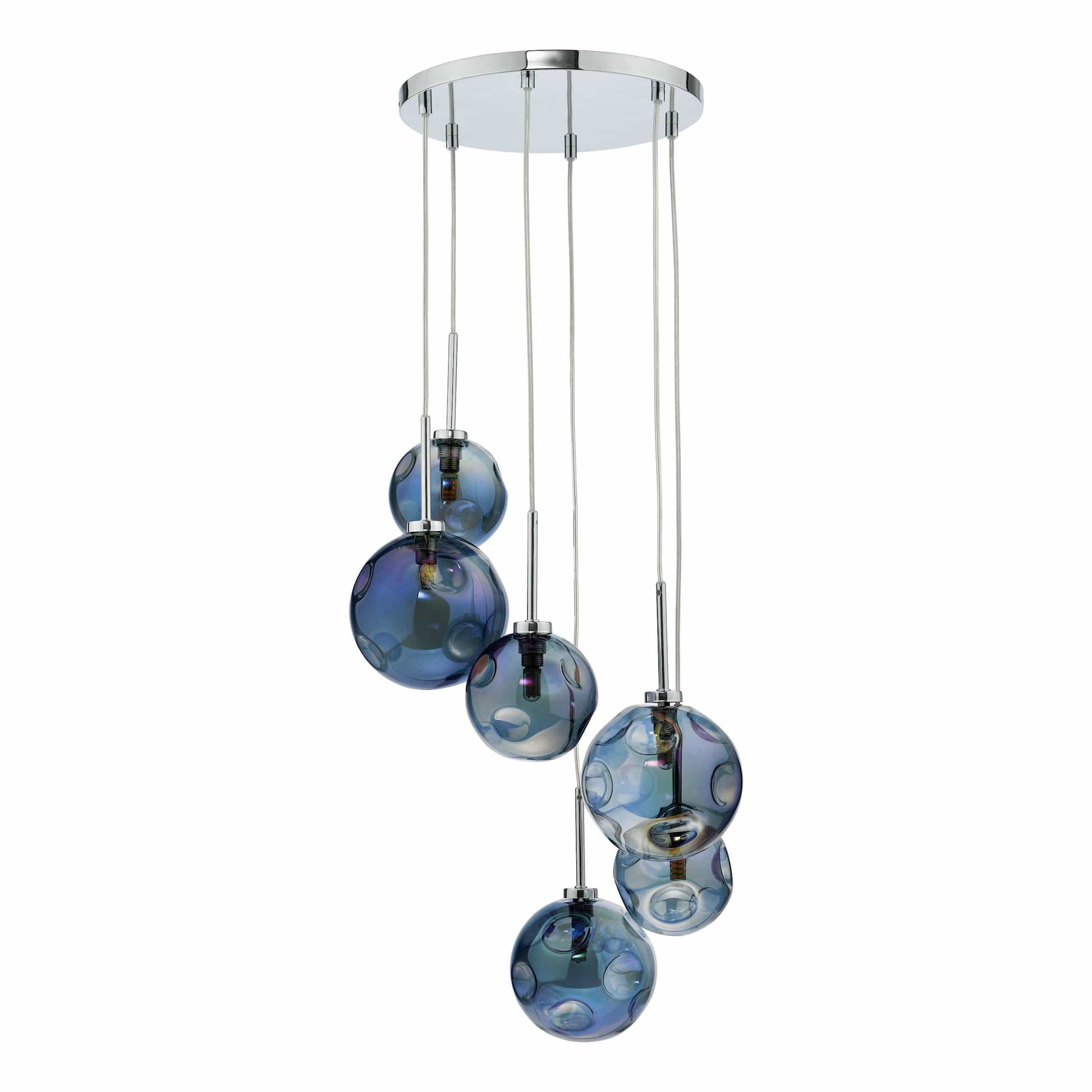 dar lighting Mira 6 Light Cluster Pendant Polished Chrome Iridised Glass MIR0655