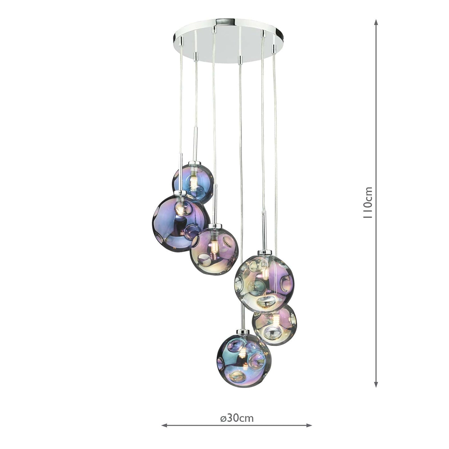 dar lighting Mira 6 Light Cluster Pendant Polished Chrome Iridised Glass MIR0655