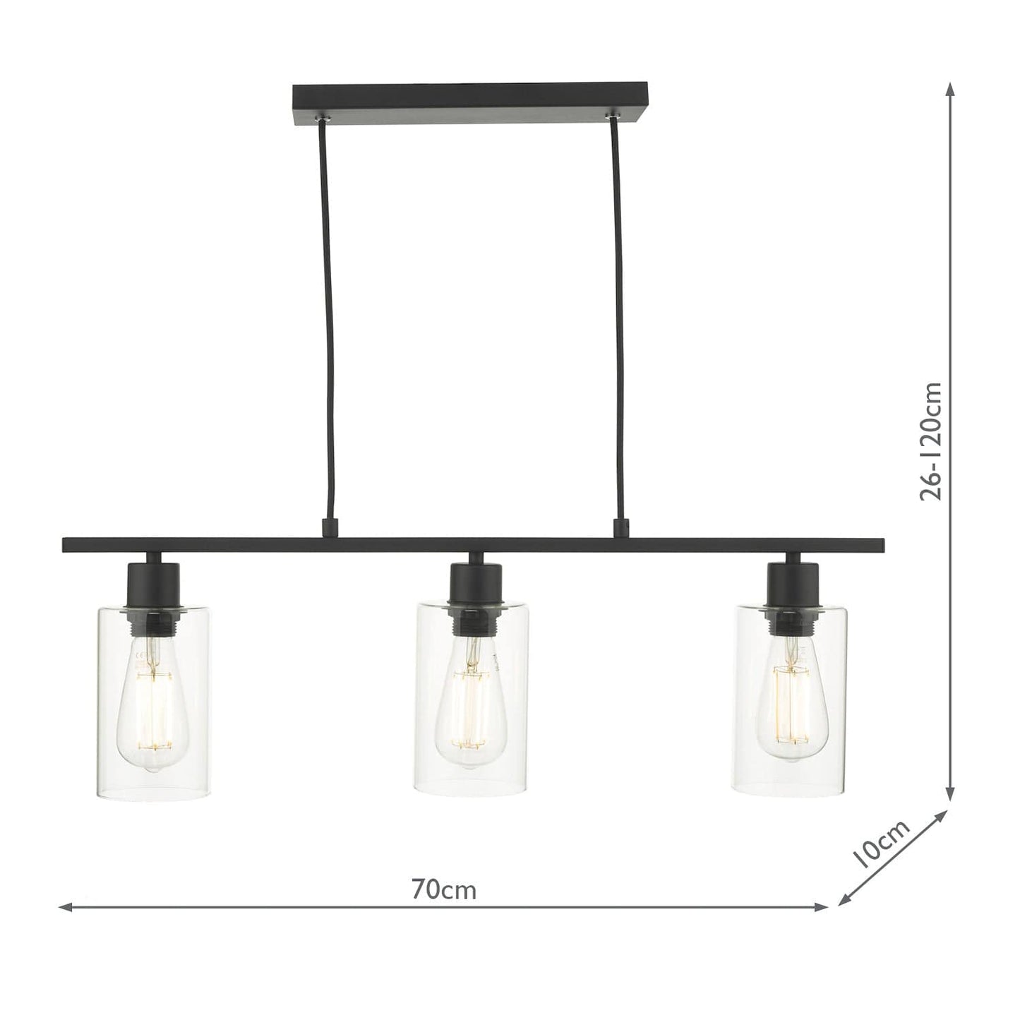 dar lighting Miu 3 Light Bar Matt Black Glass MIU0322