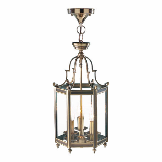 dar lighting Moorgate Hexagonal Hall Lantern Dual Mount Antique Brass MOO0375