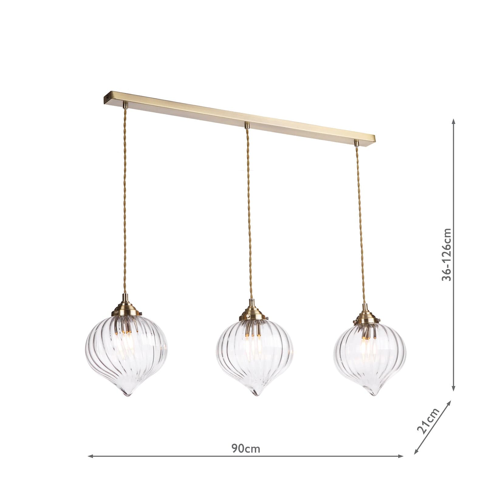 dar lighting Mya 3 Light Bar Pendant Antique Brass and Glass MYA0375