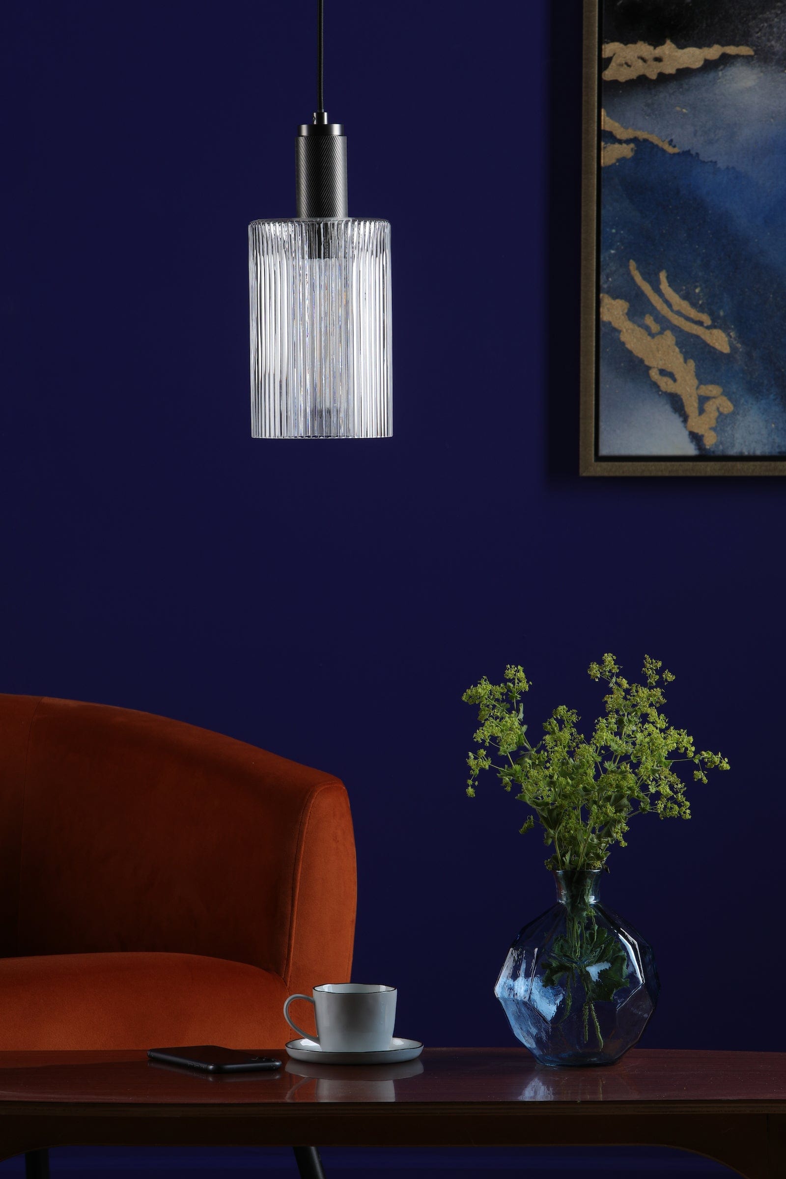 dar lighting Nikolas Pendant Antique Chrome Ribbed Cylinder Glass NIK0167-E01