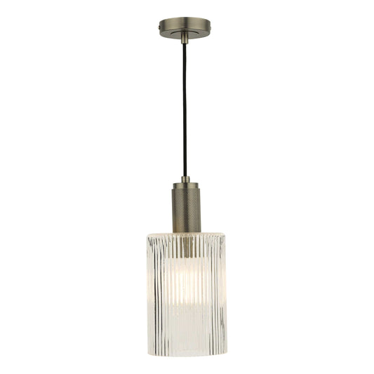 dar lighting Nikolas Pendant Antique Chrome Ribbed Cylinder Glass NIK0167-E01