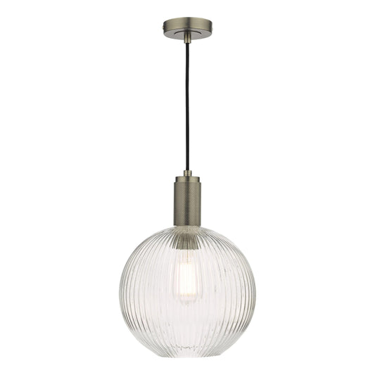 dar lighting Nikolas Pendant Antique Chrome Ribbed Round Glass NIK0167-E02