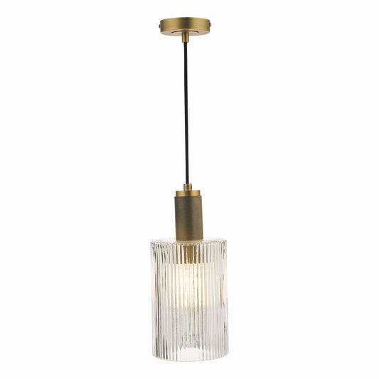 dar lighting Nikolas Pendant Natural Solid Brass Ribbed Cylinder Glass NIK0140-E01