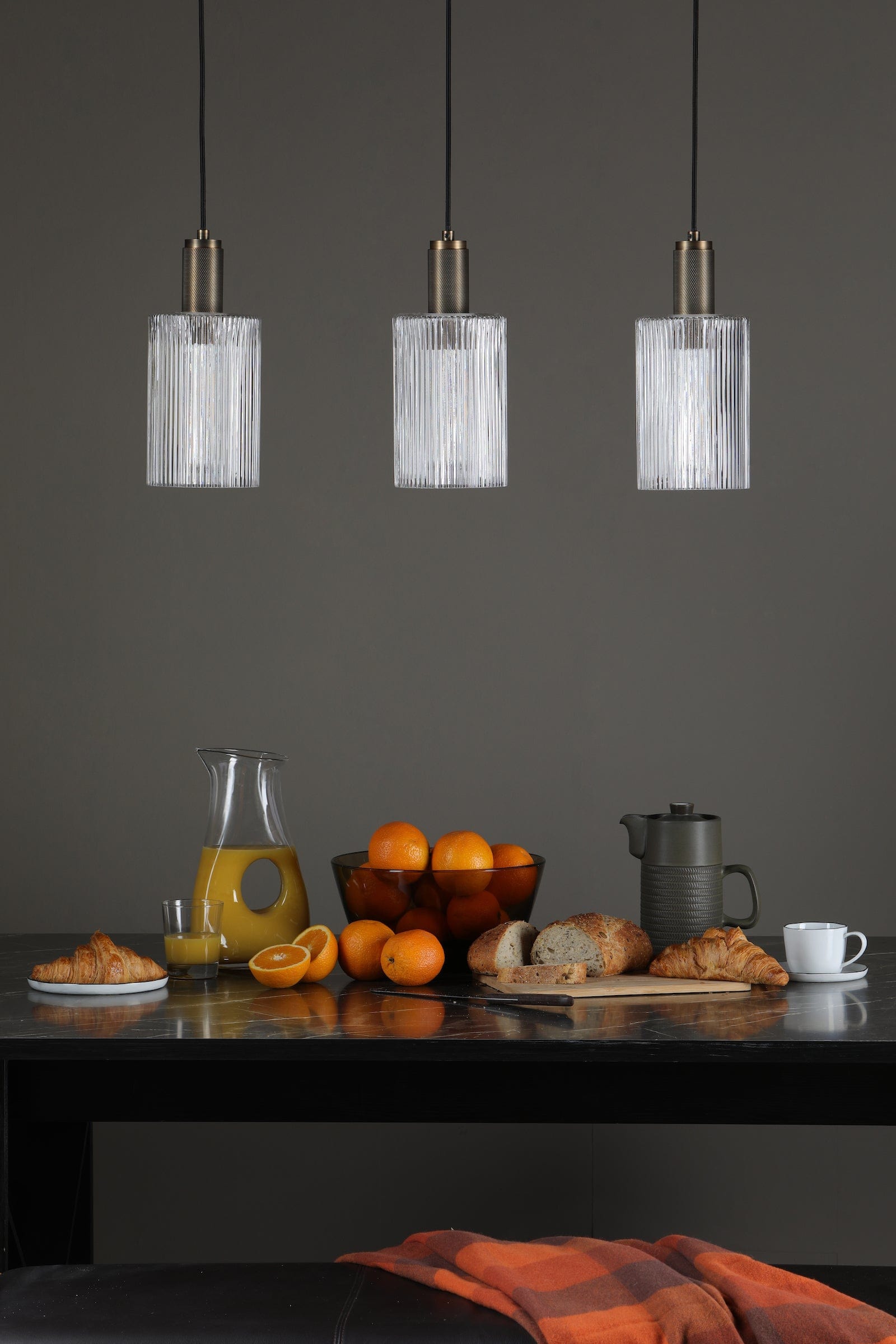 dar lighting Nikolas Pendant Natural Solid Brass Ribbed Cylinder Glass NIK0140-E01