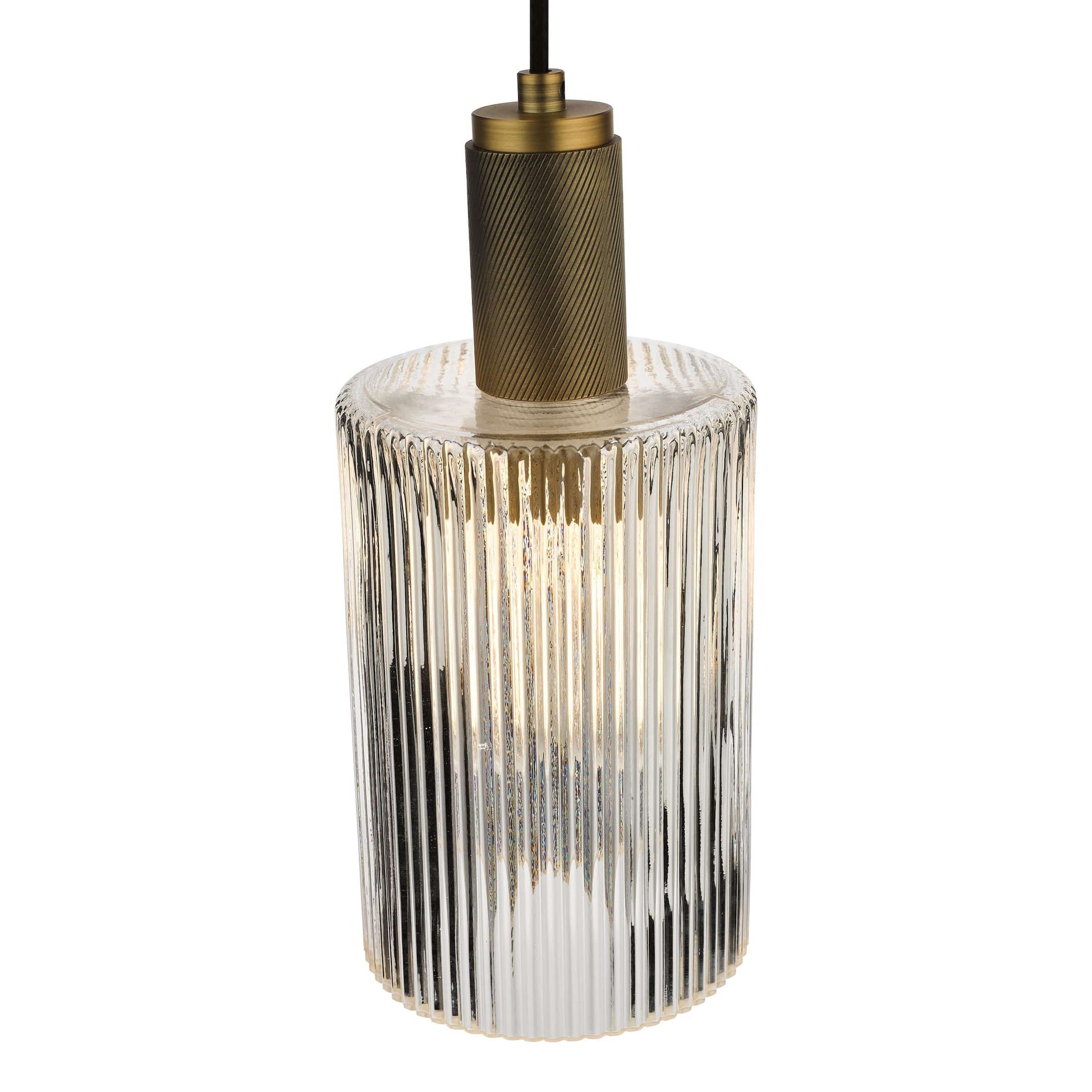 dar lighting Nikolas Pendant Natural Solid Brass Ribbed Cylinder Glass NIK0140-E01