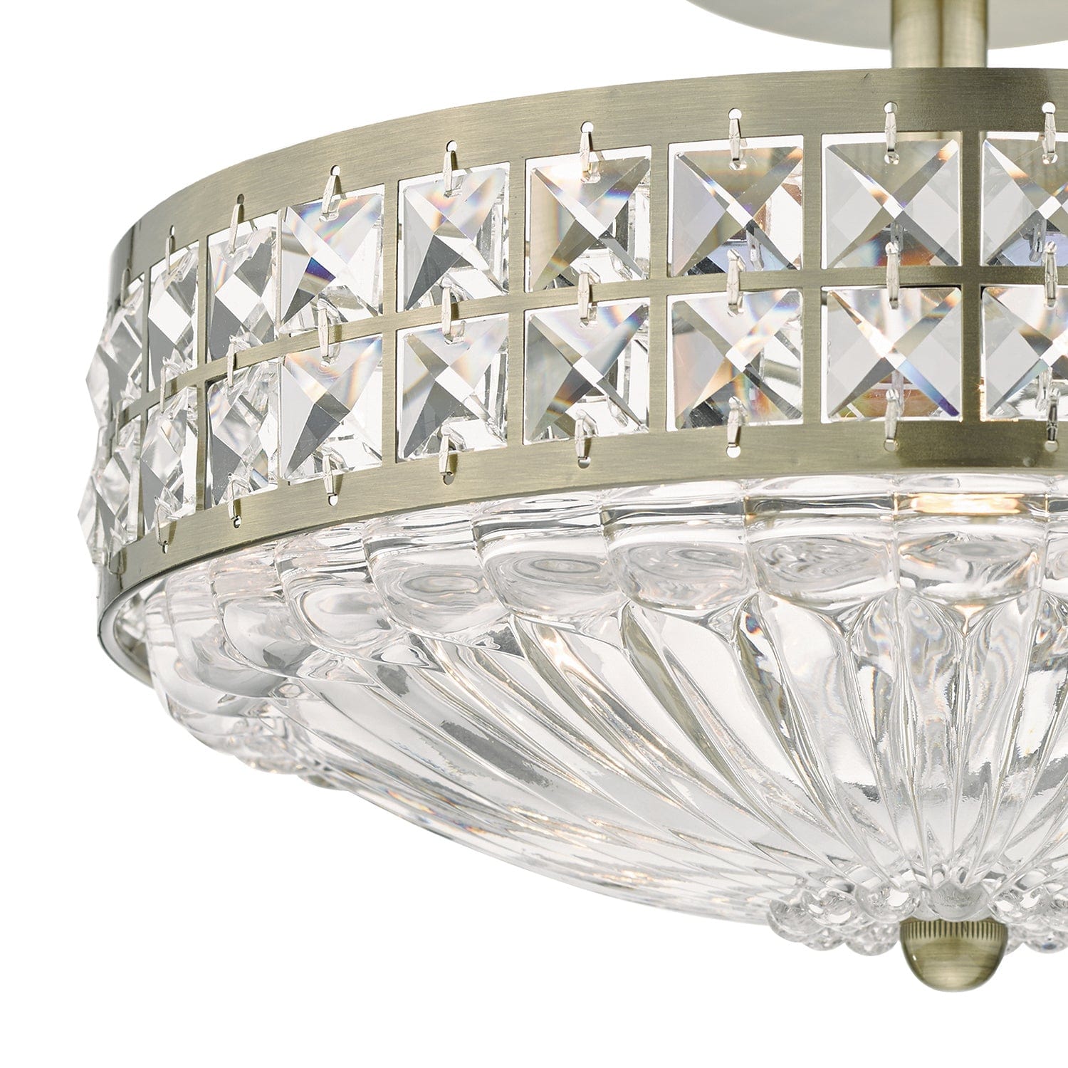 dar lighting Olona 3L Light Semi Flush Antique Brass Crystal Beads and Glass Diffuser OLO5375