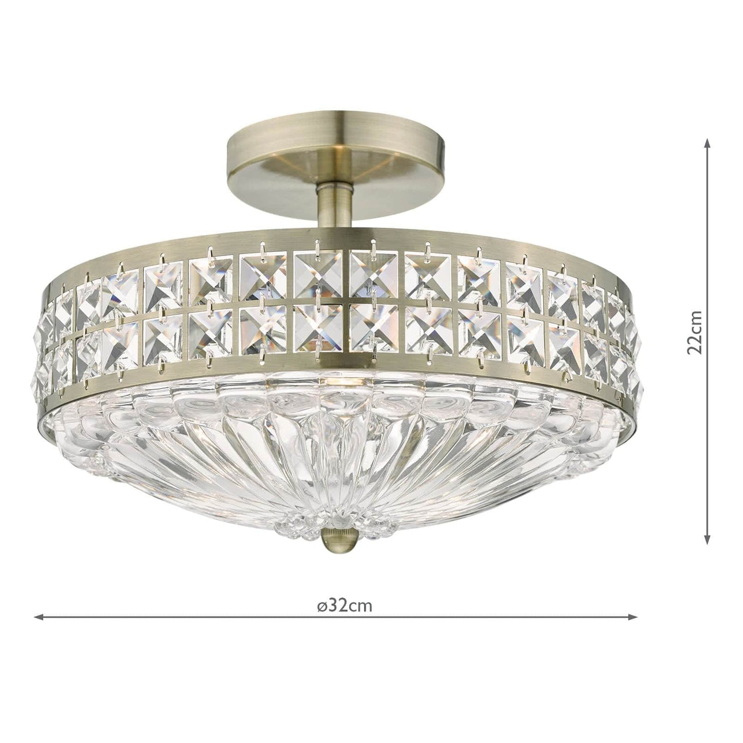 dar lighting Olona 3L Light Semi Flush Antique Brass Crystal Beads and Glass Diffuser OLO5375