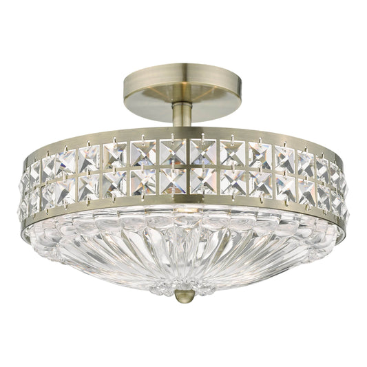 dar lighting Olona 3L Light Semi Flush Antique Brass Crystal Beads and Glass Diffuser OLO5375