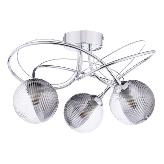 dar lighting Onawa 3 Light Semi-Flush Polished Chrome & Smoked/Clear Ribbed Glass ONA5350-18