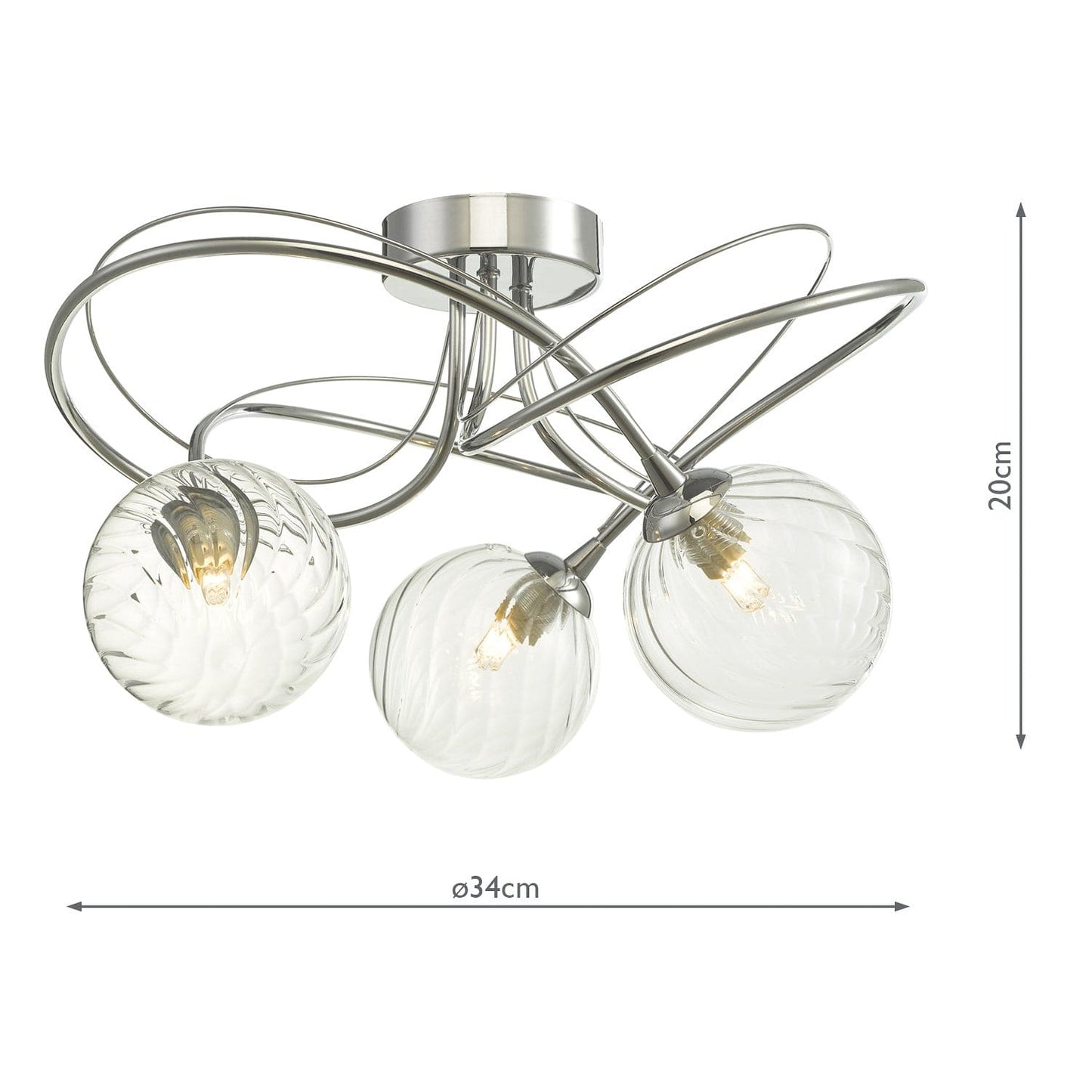 dar lighting Onawa 3 Light Semi Flush Polished Chrome With Twisted Closed Glass ONA5350-03