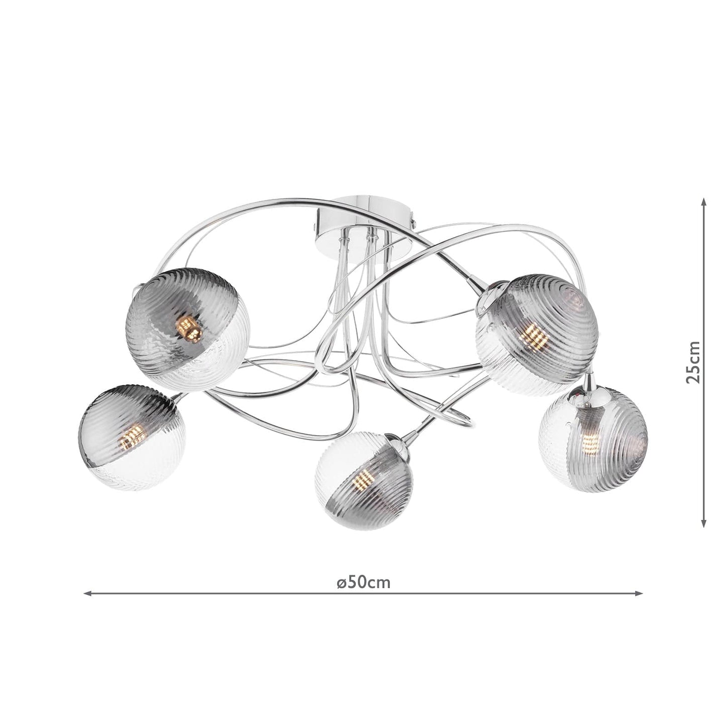 dar lighting Onawa 5 Light Semi-Flush Polished Chrome & Smoked/Clear Ribbed Glass ONA5450-18