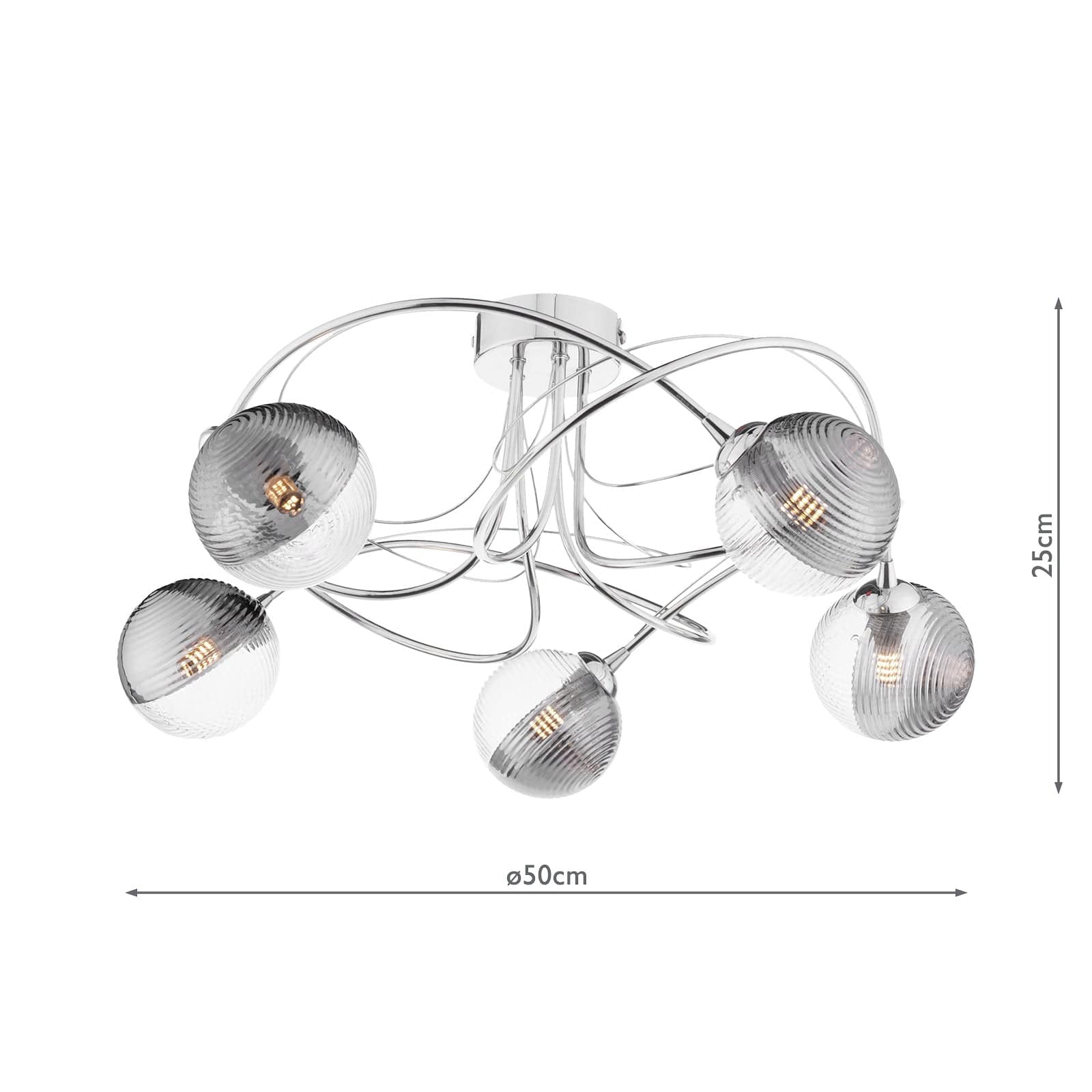 dar lighting Onawa 5 Light Semi-Flush Polished Chrome & Smoked/Clear Ribbed Glass ONA5450-18