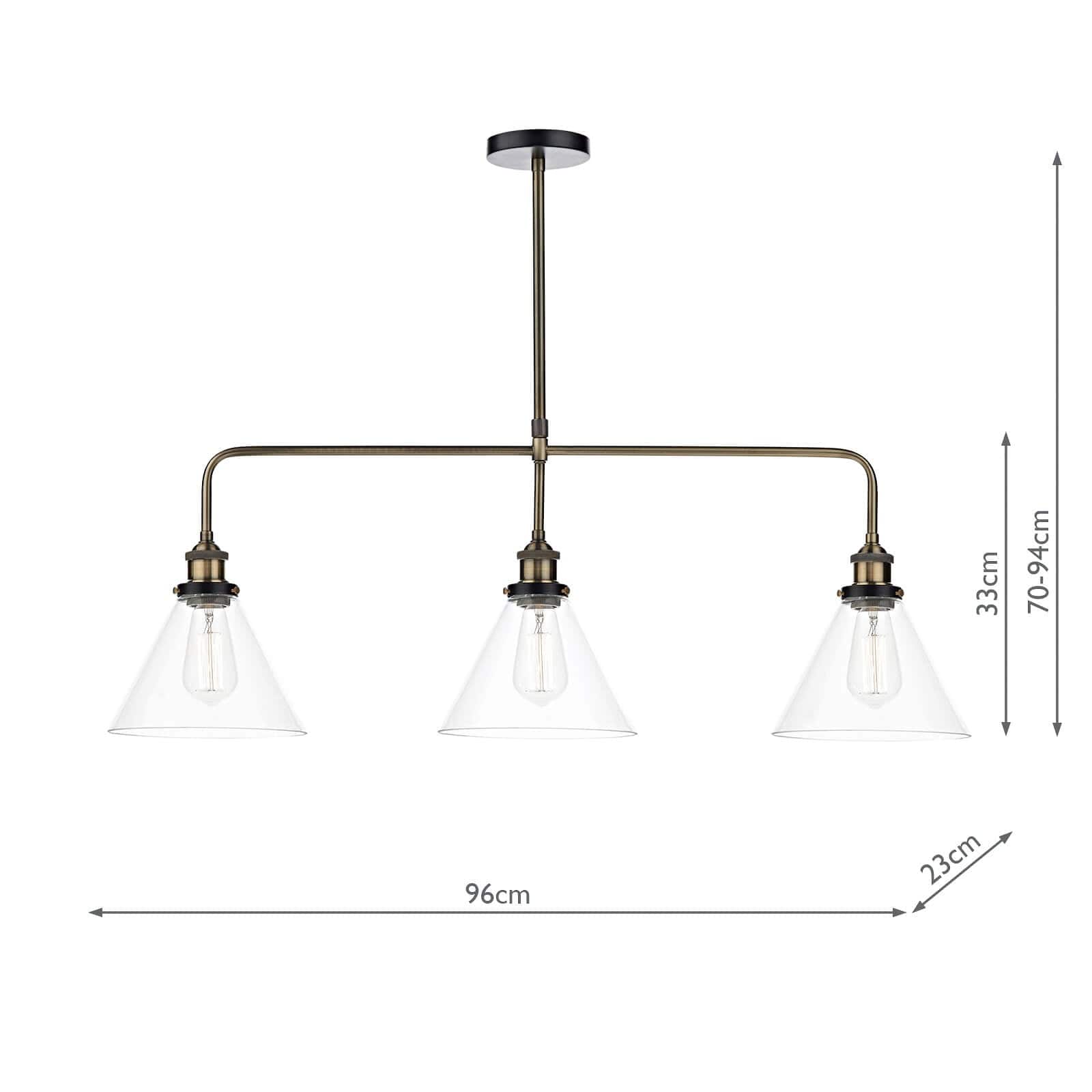 dar lighting Ray 3 Light Bar Pendant Antique Brass Clear RAY0375