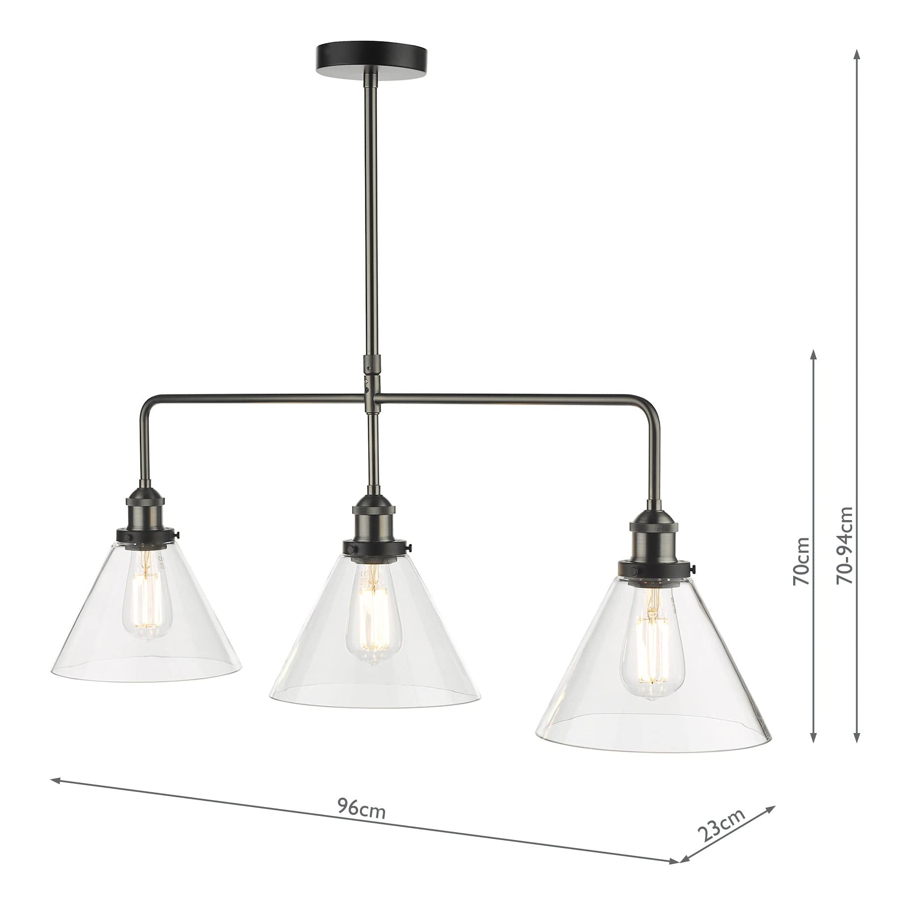 dar lighting Ray 3 Light Bar Pendant Antique Nickel Clear Glass RAY0338