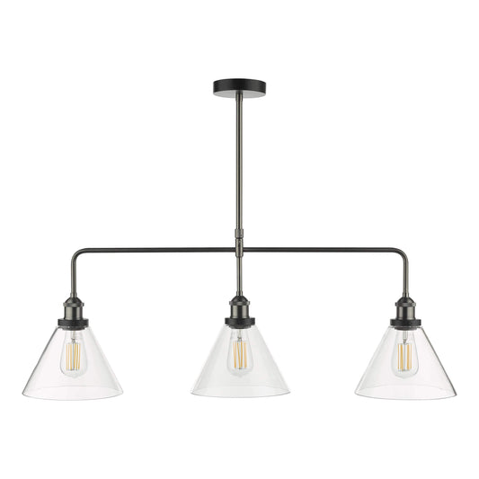 dar lighting Ray 3 Light Bar Pendant Antique Nickel Clear Glass RAY0338