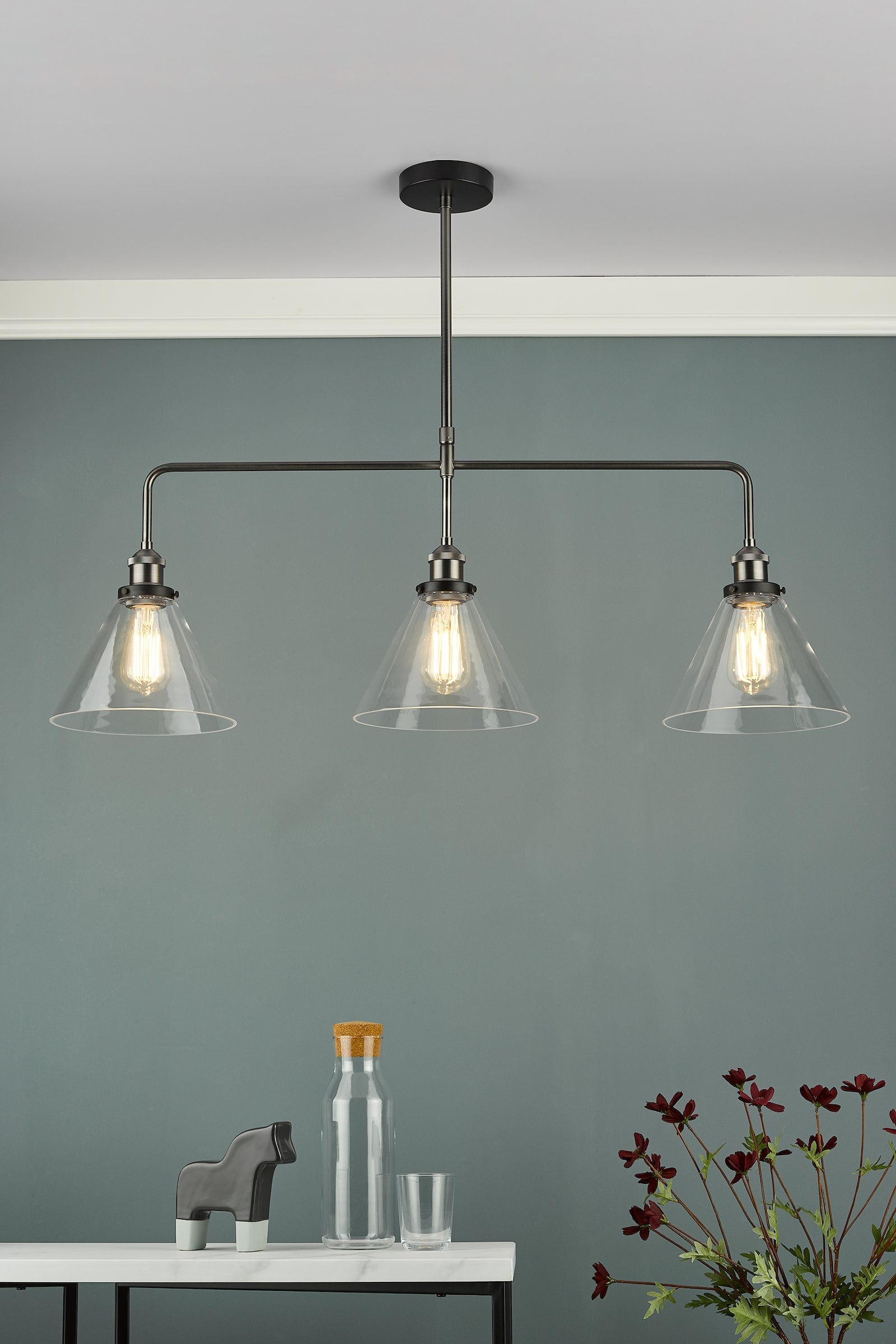 dar lighting Ray 3 Light Bar Pendant Antique Nickel Clear Glass RAY0338